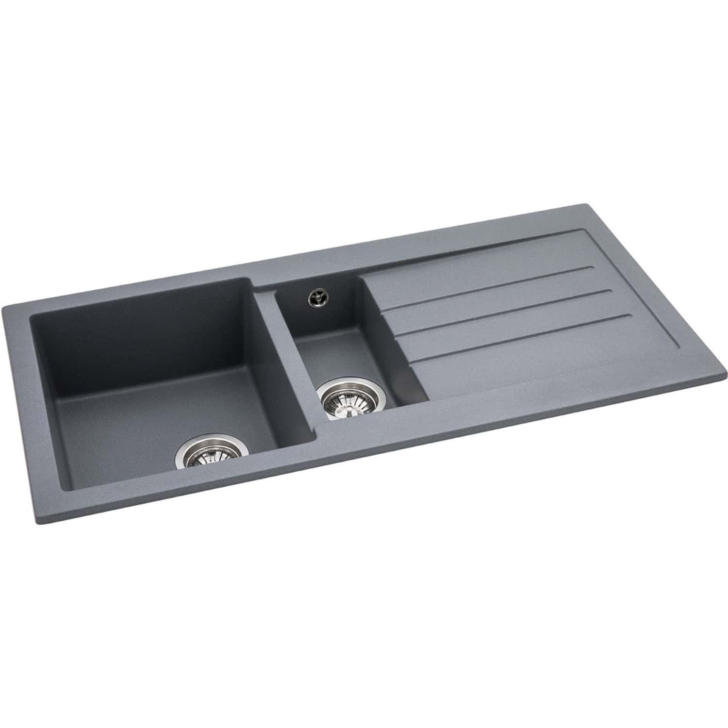 Double-basin kitchen sink with integrated draining board, made from durable grey composite material, ideal for modern kitchens calling for stylish, practical plumbing fixtures.