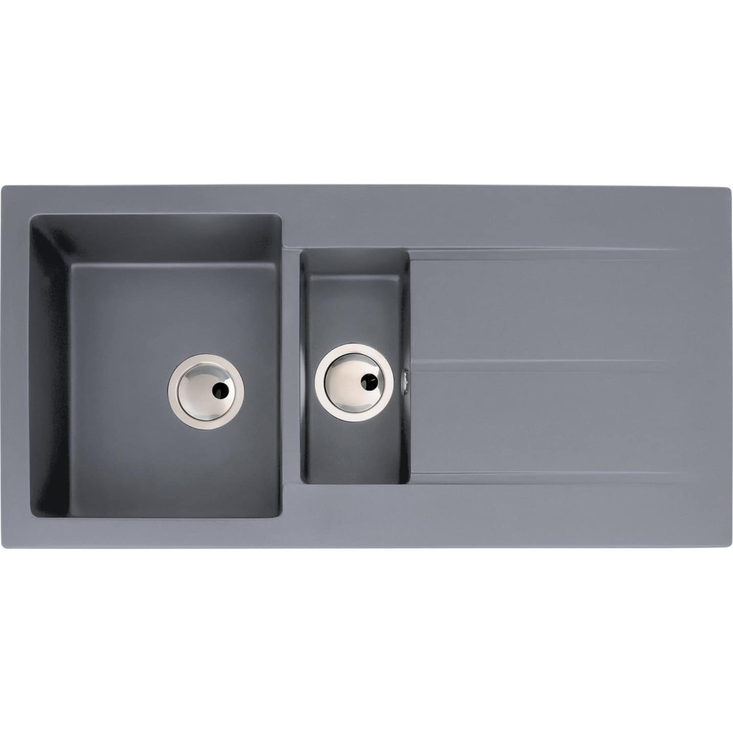 Stylish grey kitchen sink with dual bowls and a built-in draining board, perfect for modern bathrooms or kitchens, featuring high-quality composite material and sleek design.
