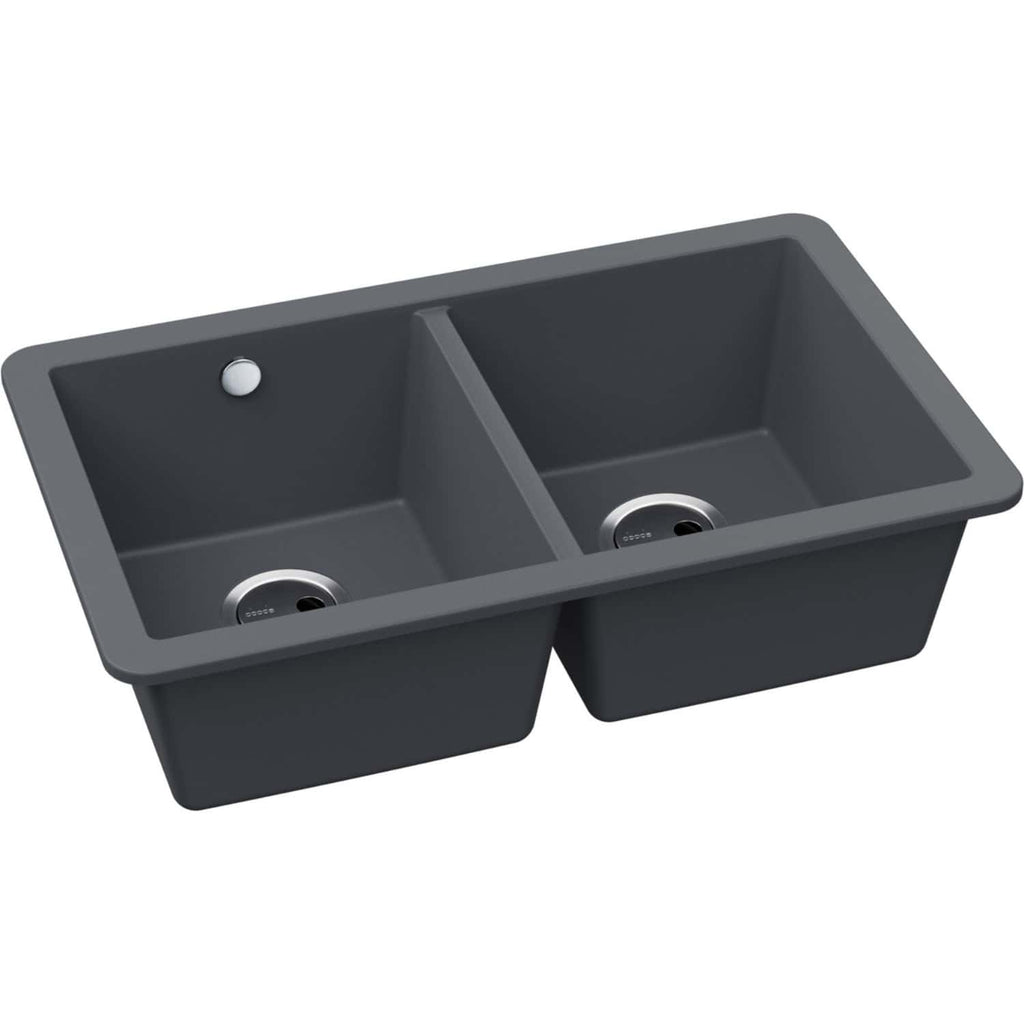 Modern double undermount kitchen sink in dark grey granite finish, featuring two spacious basins and durable construction. Perfect for stylish and functional kitchen plumbing solutions.