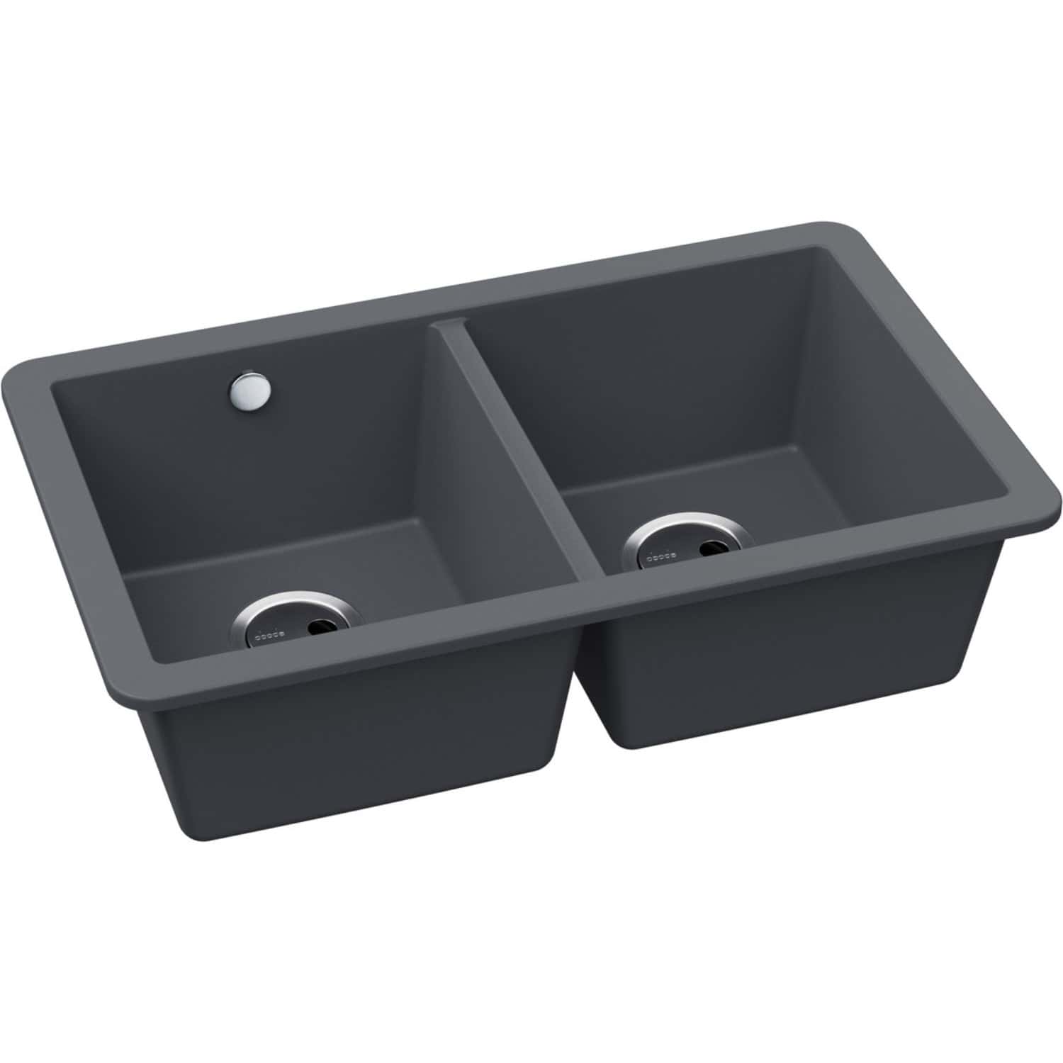 Modern double undermount kitchen sink in dark grey granite finish, featuring two spacious basins and durable construction. Perfect for stylish and functional kitchen plumbing solutions.
