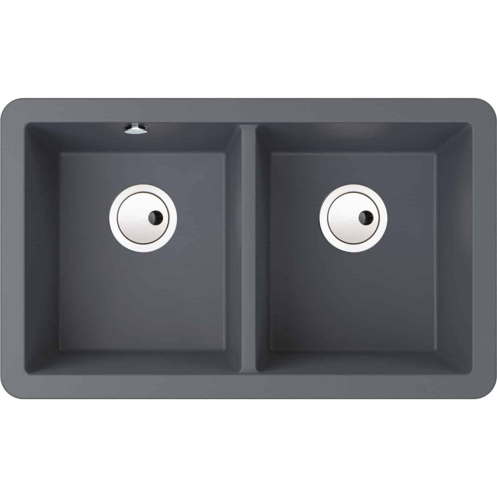 Modern grey double kitchen sink with two deep basins and integrated drain holes, ideal for contemporary bathroom or kitchen renovation projects.