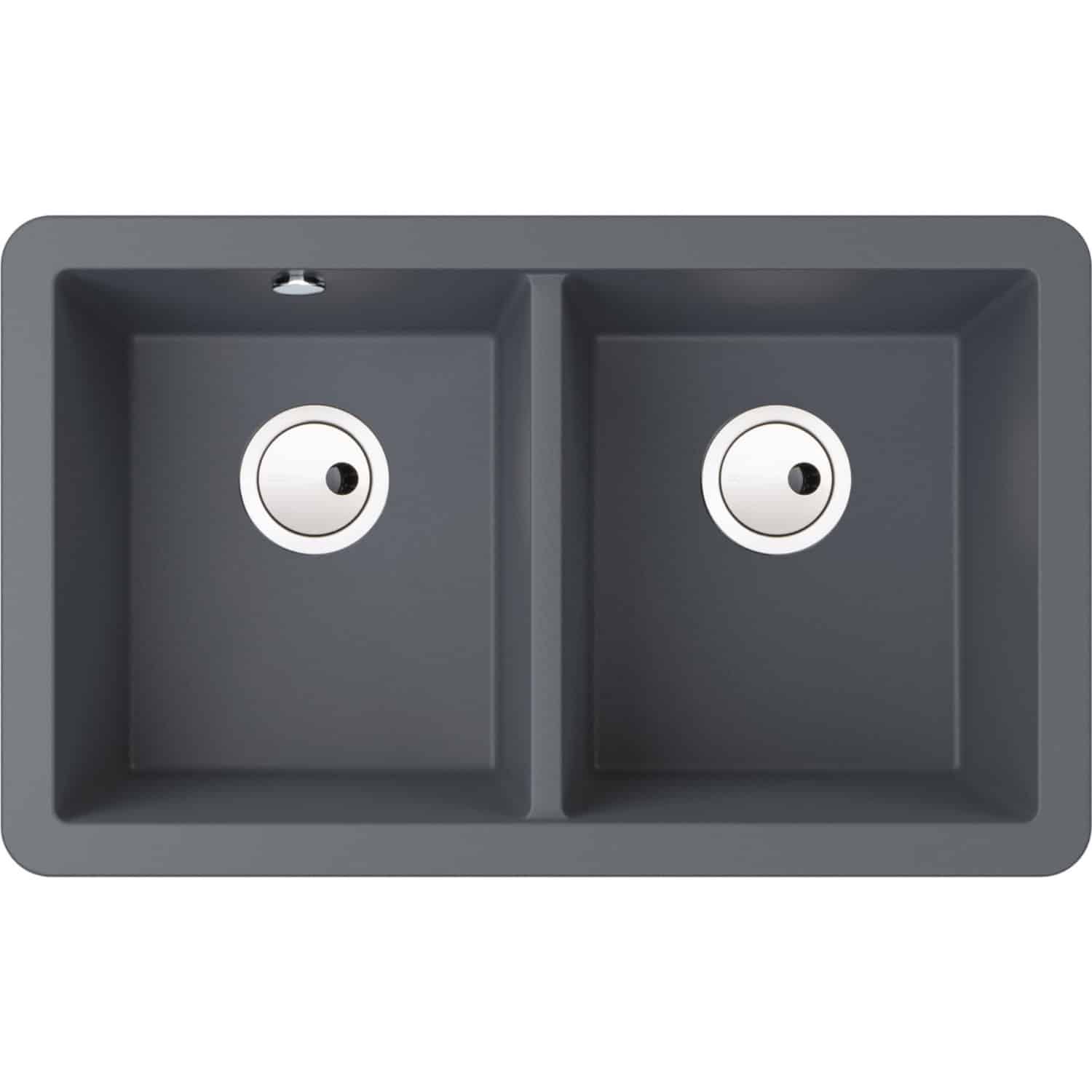 Modern grey double kitchen sink with two deep basins and integrated drain holes, ideal for contemporary bathroom or kitchen renovation projects.