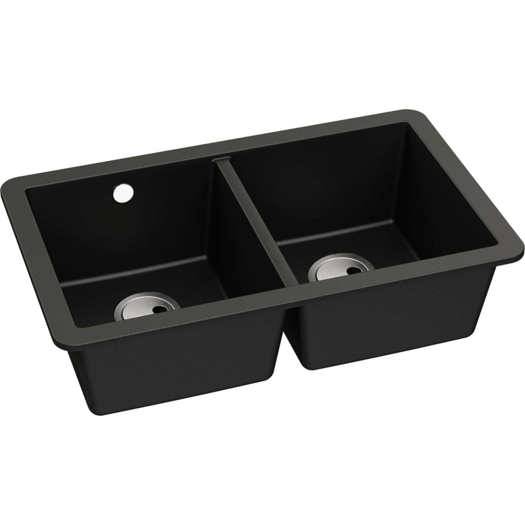Double-basin black kitchen sink with divided compartments, modern design, stainless steel drains, and easy-clean surface, ideal for contemporary bathrooms or kitchens.