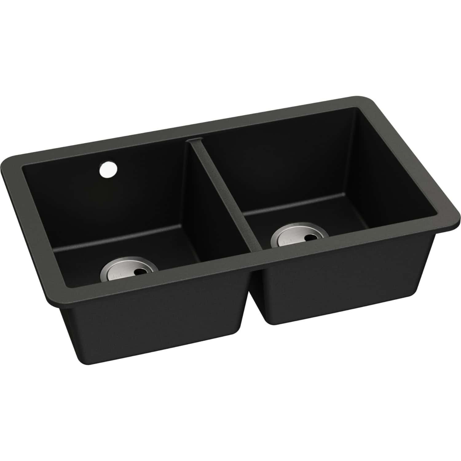 Double-basin black kitchen sink with divided compartments, modern design, stainless steel drains, and easy-clean surface, ideal for contemporary bathrooms or kitchens.