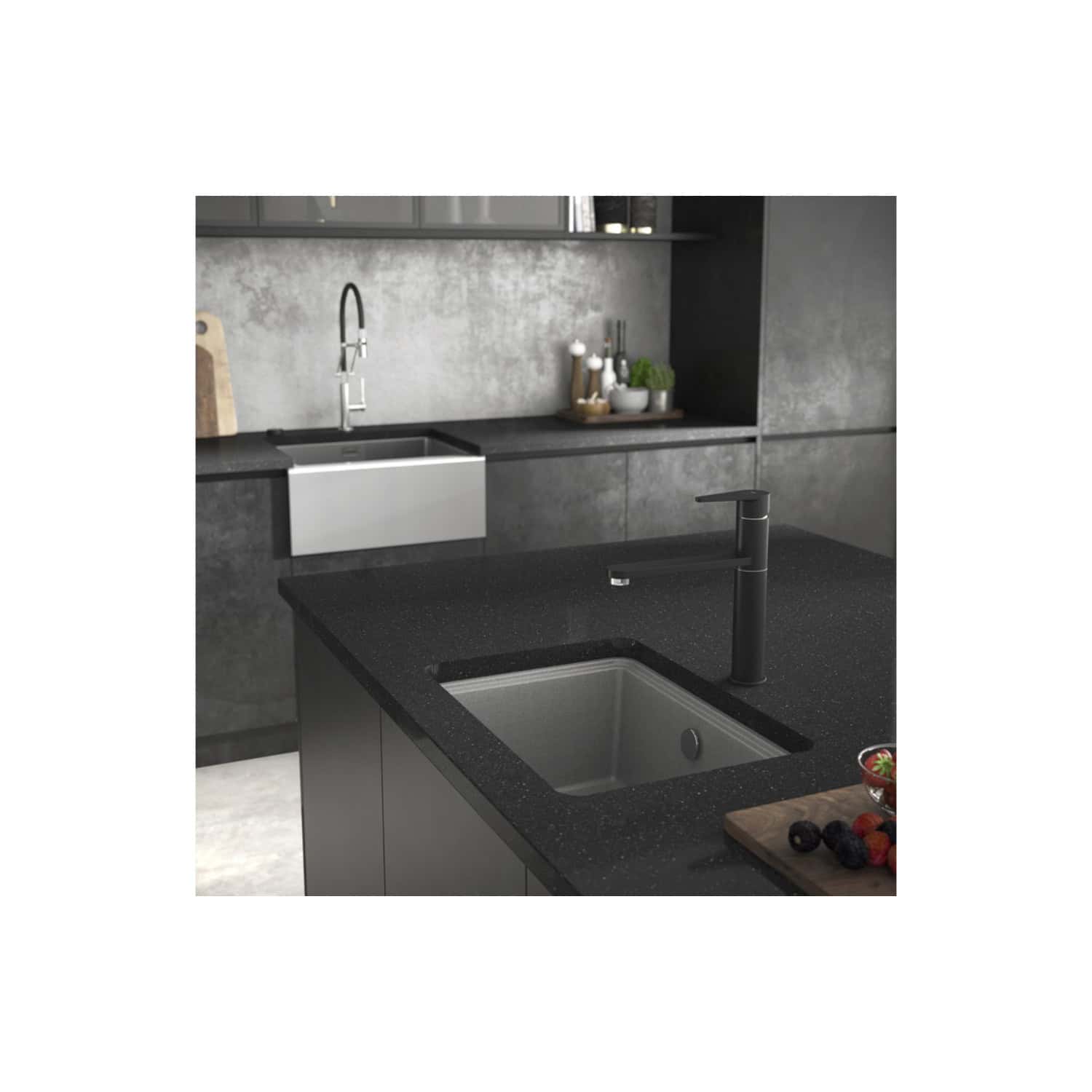 Sleek black kitchen island with modern stainless steel sink and matte black faucet, set in a contemporary grey kitchen with minimalist design and stylish decor accents.