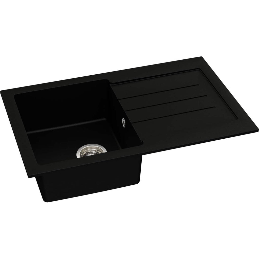 Sleek black kitchen sink with integrated draining board, modern design, ideal for contemporary bathrooms and kitchens, durable and stylish for home renovations.