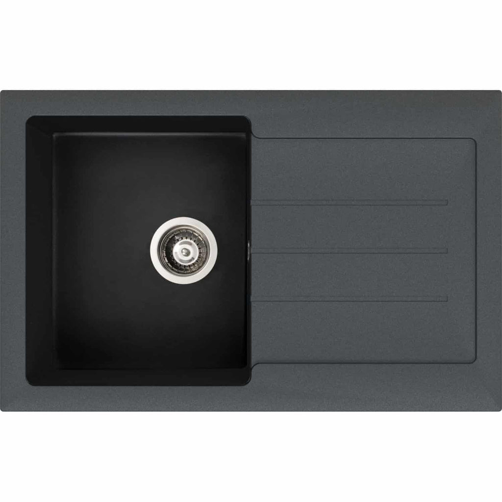 Modern black kitchen sink with integrated draining board and stainless steel tap hole, ideal for contemporary bathroom or kitchen upgrades.