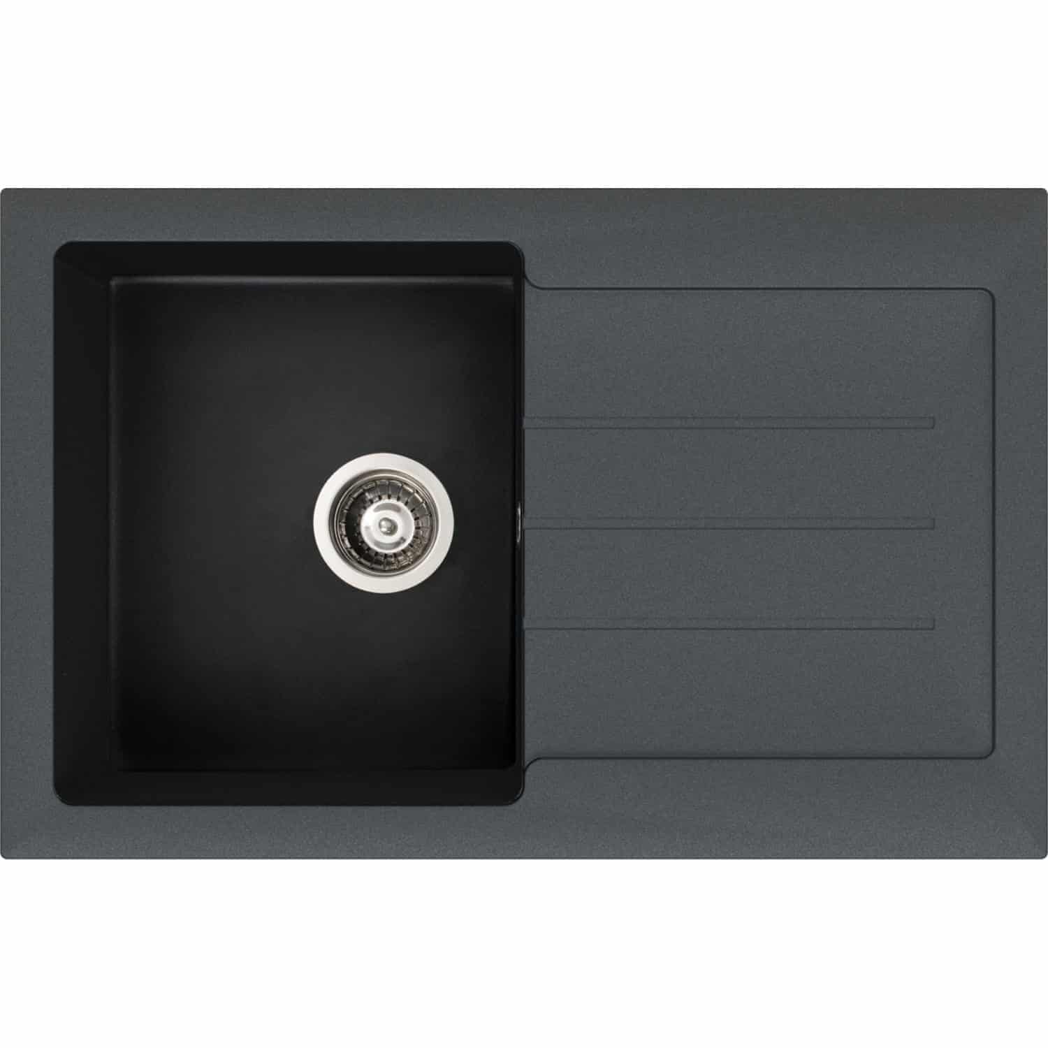 Modern black kitchen sink with integrated draining board and stainless steel tap hole, ideal for contemporary bathroom or kitchen upgrades.