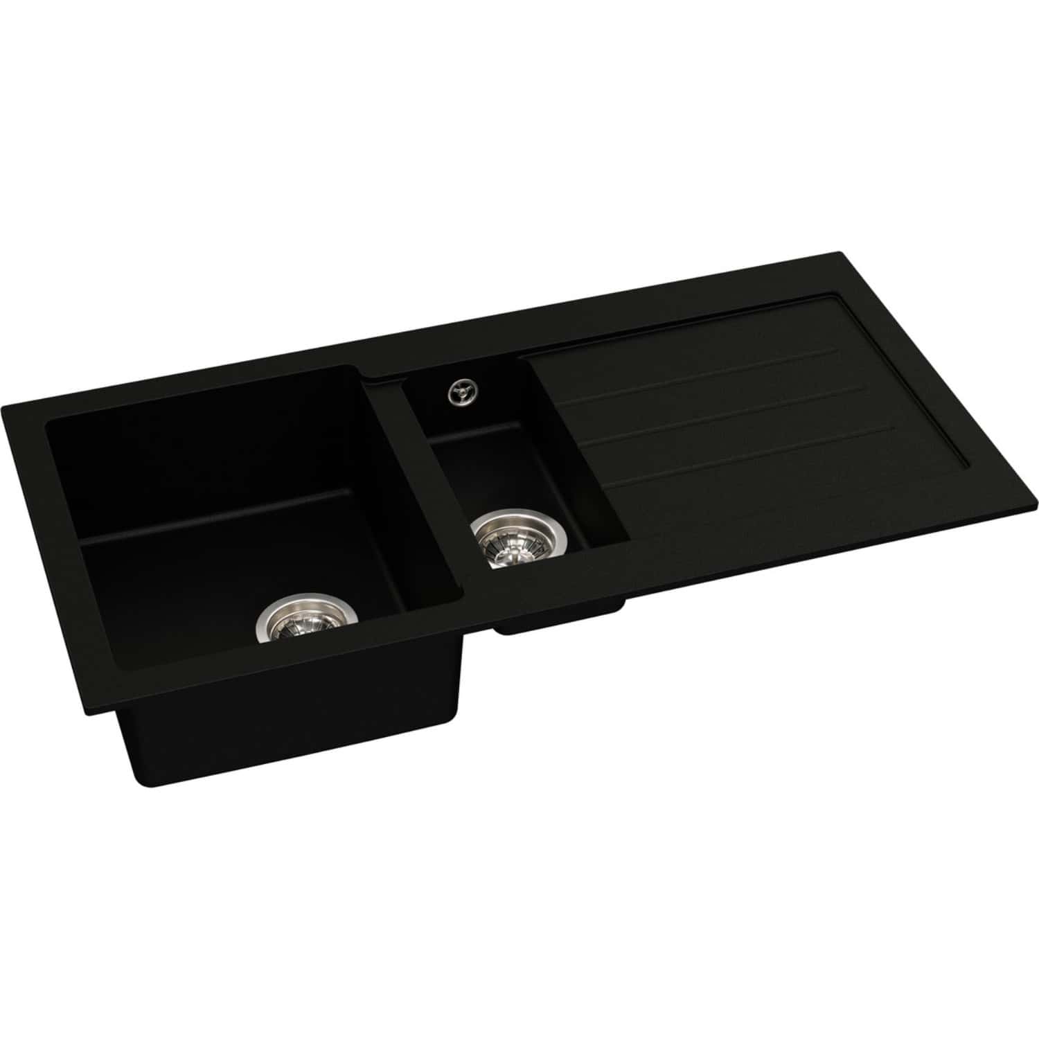 Sleek black kitchen sink with dual bowls and a draining board, featuring stainless steel waste disposal units, designed for modern bathrooms and kitchens, with high durability and contemporary style.