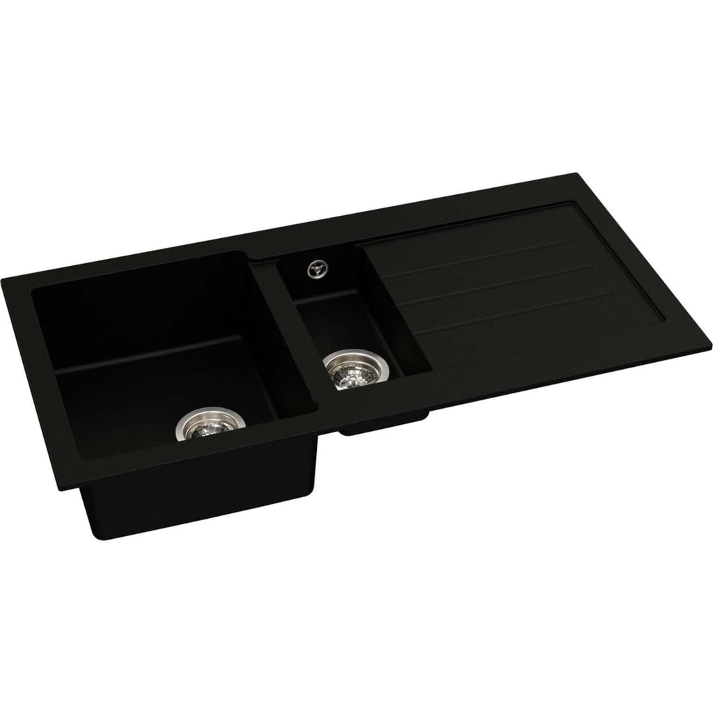 Sleek black kitchen sink with dual bowls and a draining board, featuring stainless steel waste disposal units, designed for modern bathrooms and kitchens, with high durability and contemporary style.