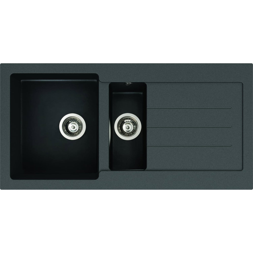 Silikon spüle mit zweibeck top maßküche in schwarzem edelstahl, langlebig und modern für elegante Küchen.