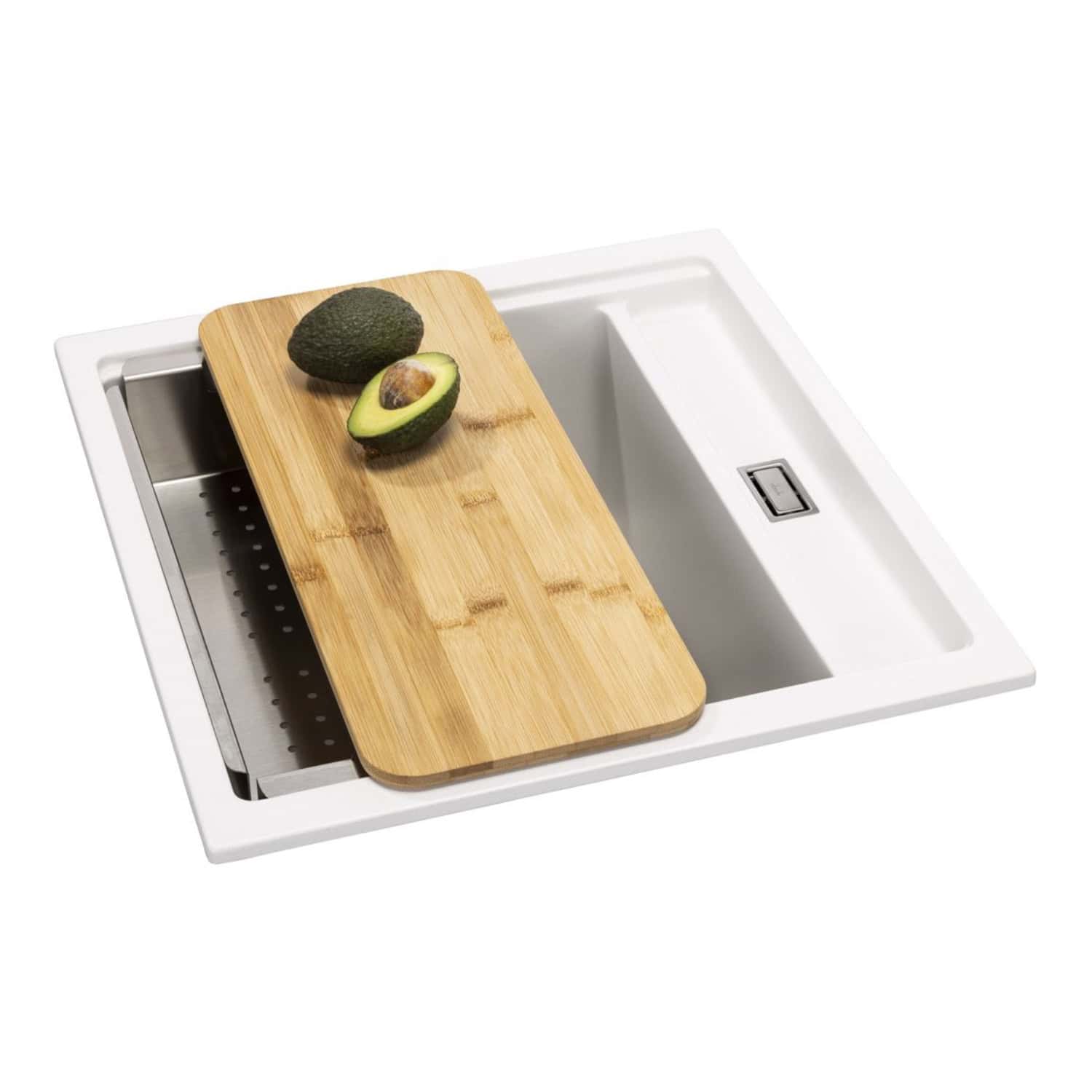 Sinks with built-in chopping boards for kitchen prep and modern bathroom design solutions from Bubly Bathrooms.