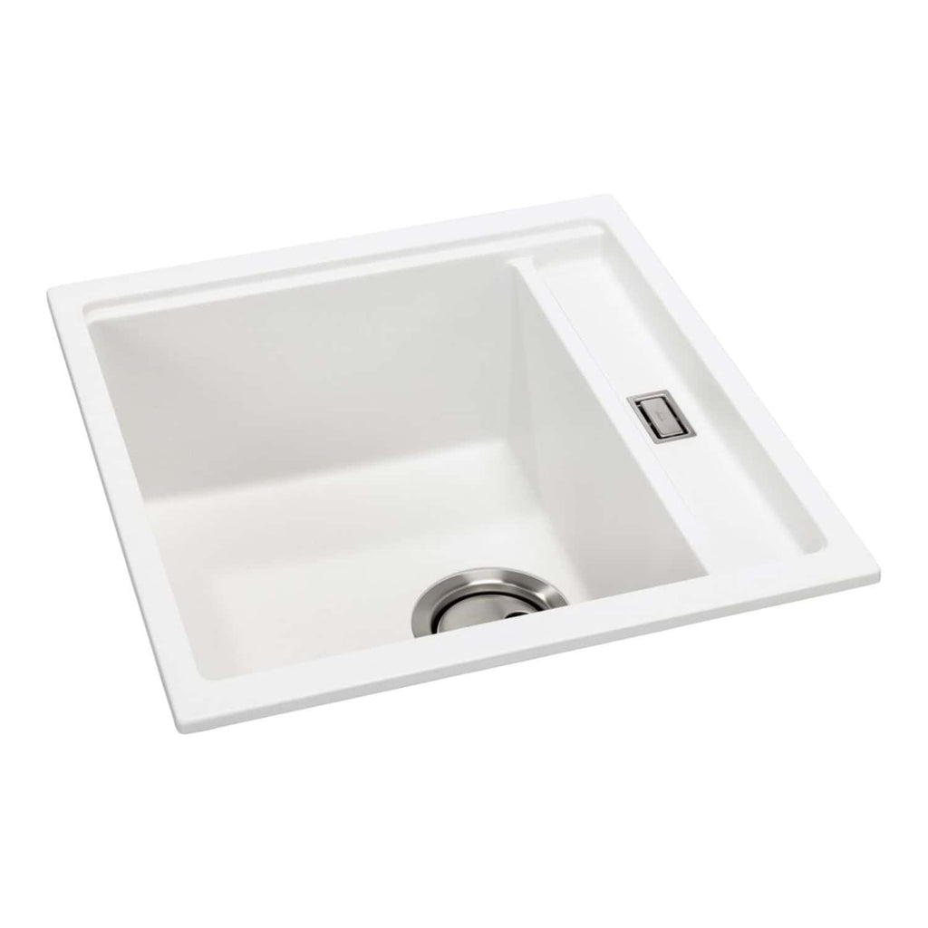 Stainless steel kitchen sink with built-in drain and overflow, modern white ceramic design for utility and style. Perfect for contemporary kitchens and easy cleaning, ideal for home or professional use.