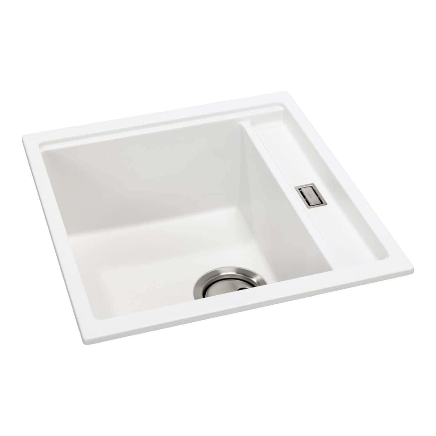 Stainless steel kitchen sink with built-in drain and overflow, modern white ceramic design for utility and style. Perfect for contemporary kitchens and easy cleaning, ideal for home or professional use.