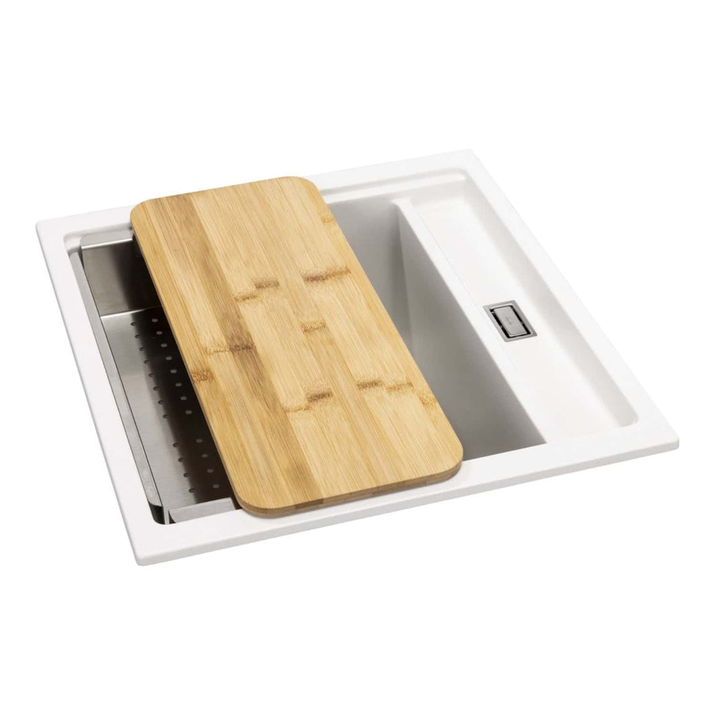 Sleek kitchen sink with bamboo chopping board insert, modern design, suitable for contemporary kitchens, durable and easy to clean, perfect for space-saving kitchen solutions.