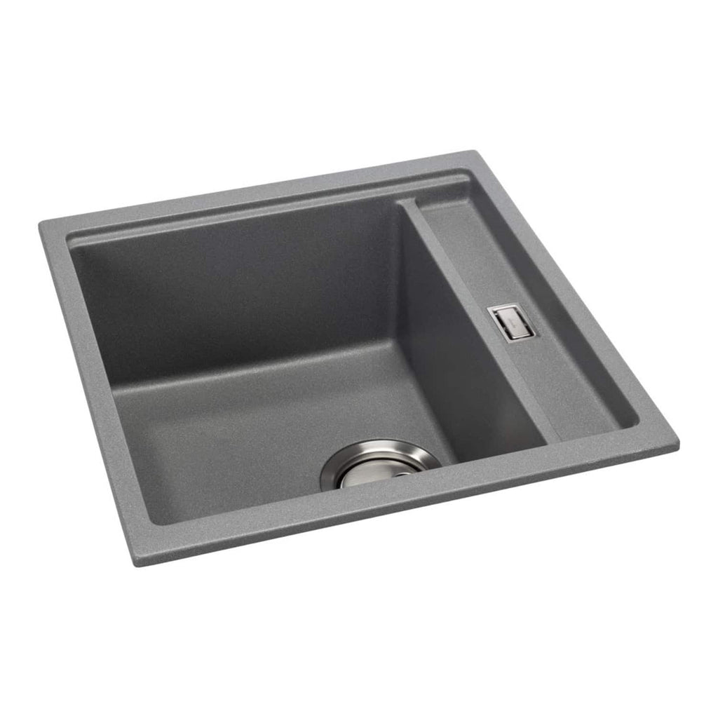 Sinks for bathrooms featuring durable grey composite material with integrated overflow and stainless steel drain, ideal for modern bathroom designs.