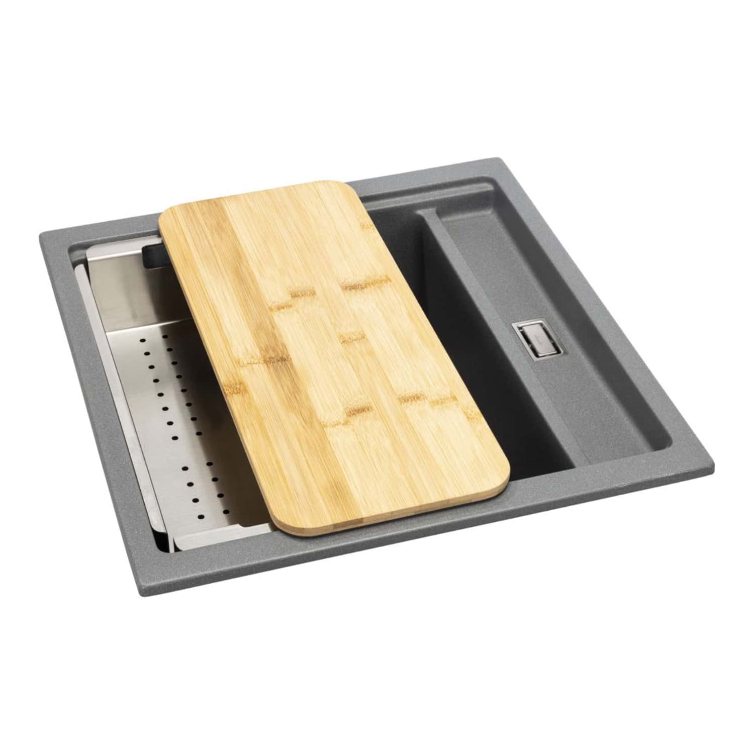 Sleek grey kitchen sink with a bamboo chopping board and stainless steel draining board, perfect for modern bathroom or kitchen renovation. Durable, stylish, and multi-functional design for optimal space utilisation.