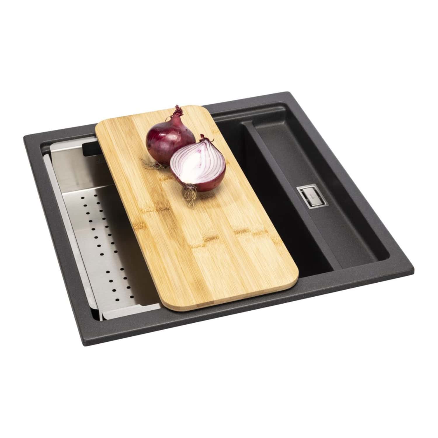 Fresh red onions on a bamboo chopping board over a modern kitchen sink, ideal for kitchen renovations, stylish bathroom features, or premium kitchen accessories at Bubly Bathrooms.