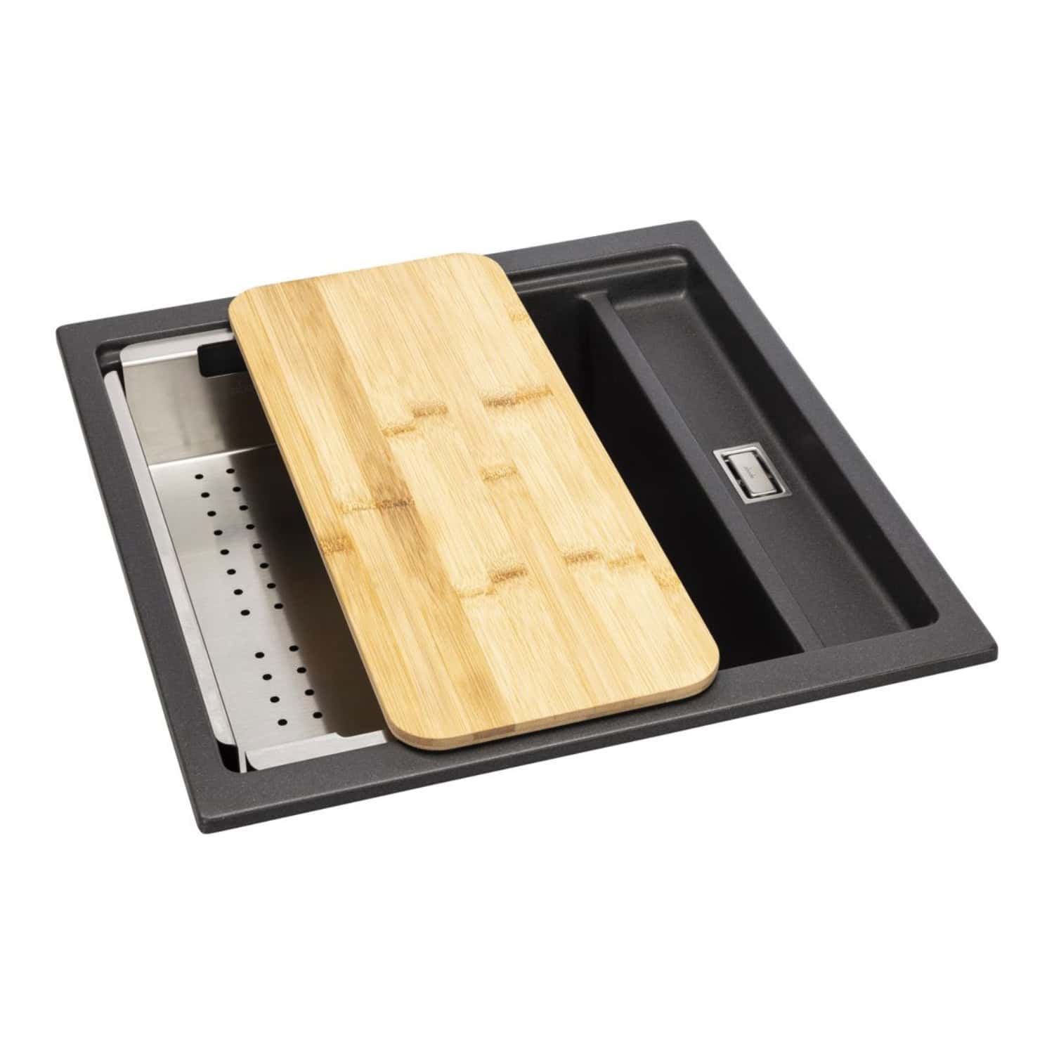 Sinks with a built-in USB port, sleek black finish, and a bamboo cutting board on top, designed for modern bathroom or kitchen use. Durable and functional for everyday convenience.