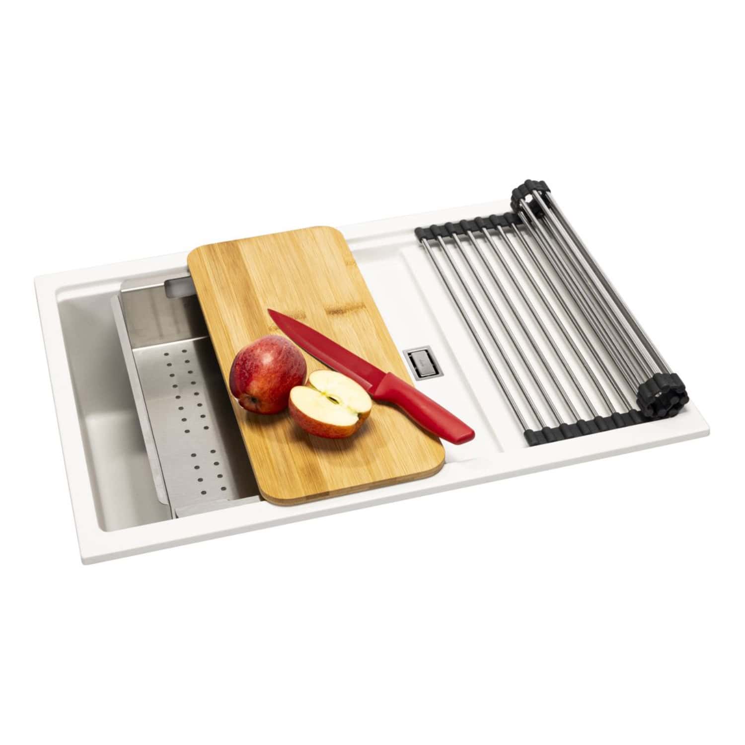 Smooth white kitchen sink with integrated draining board and chopping board with a red handled knife, used for food preparation in modern kitchens.