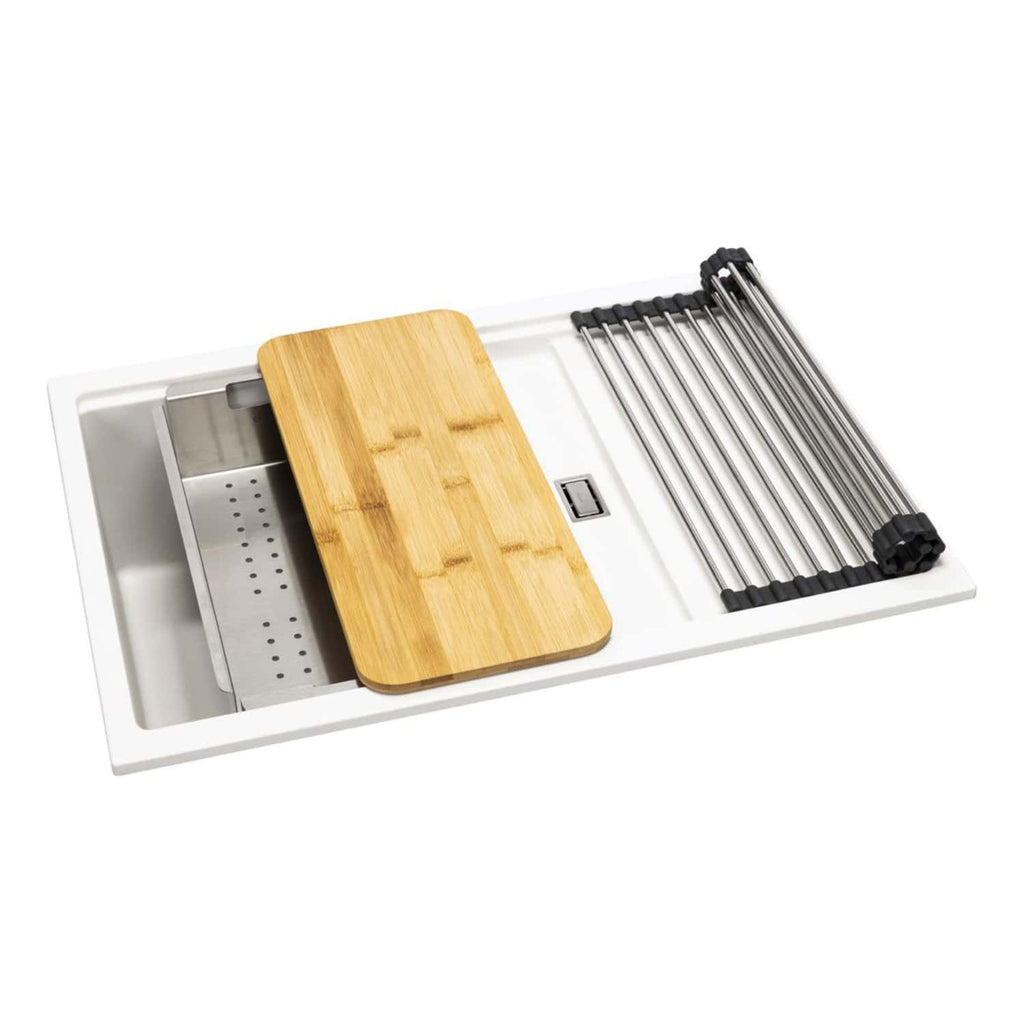 Stainless steel and bamboo kitchen knife and utensil organiser with storage drawers and blade safety cover, perfect for modern kitchens.
