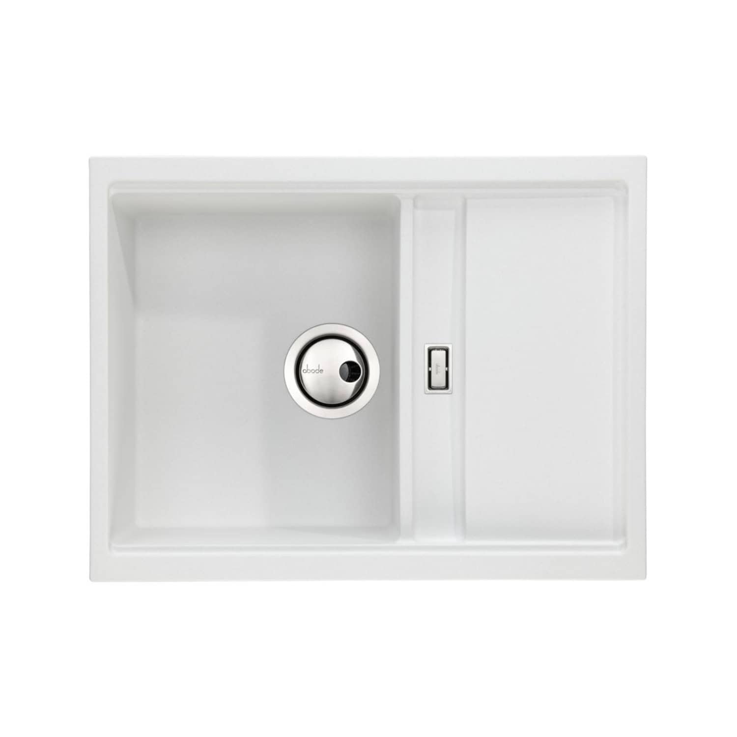 Bright white kitchen sink with integrated draining board and modern single-lever mixer tap, ideal for contemporary bathroom or kitchen renovations.