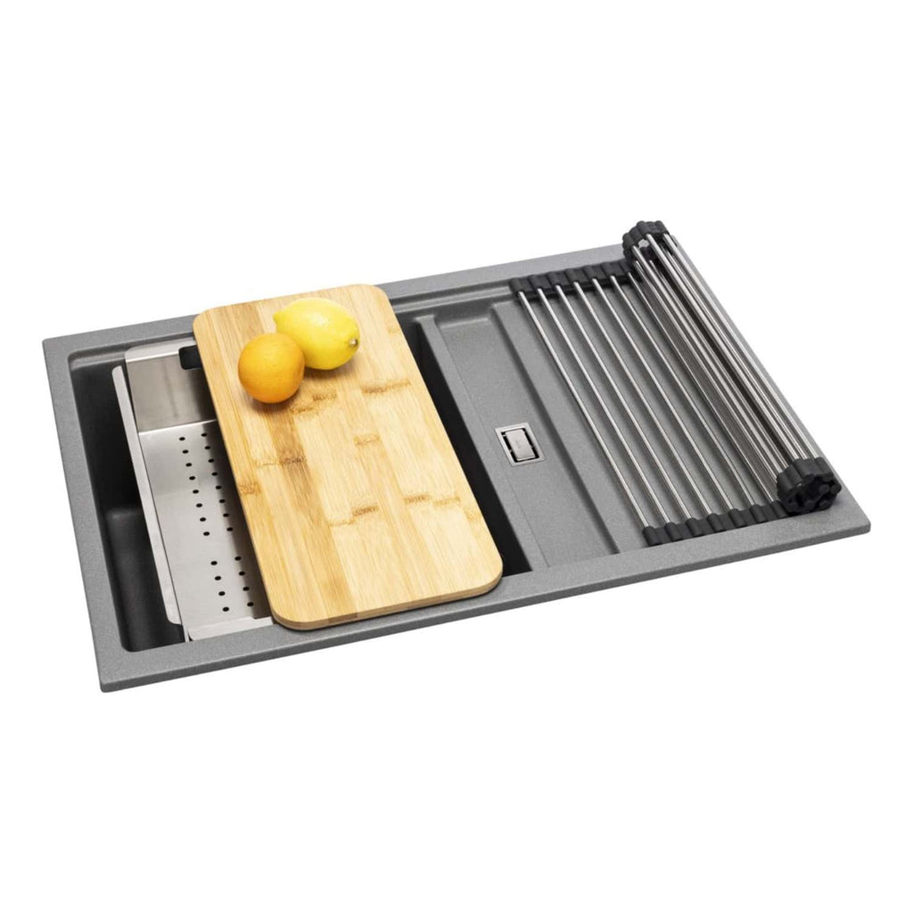 Slice drainage board with wooden chopping board and citrus fruits for modern kitchen use.