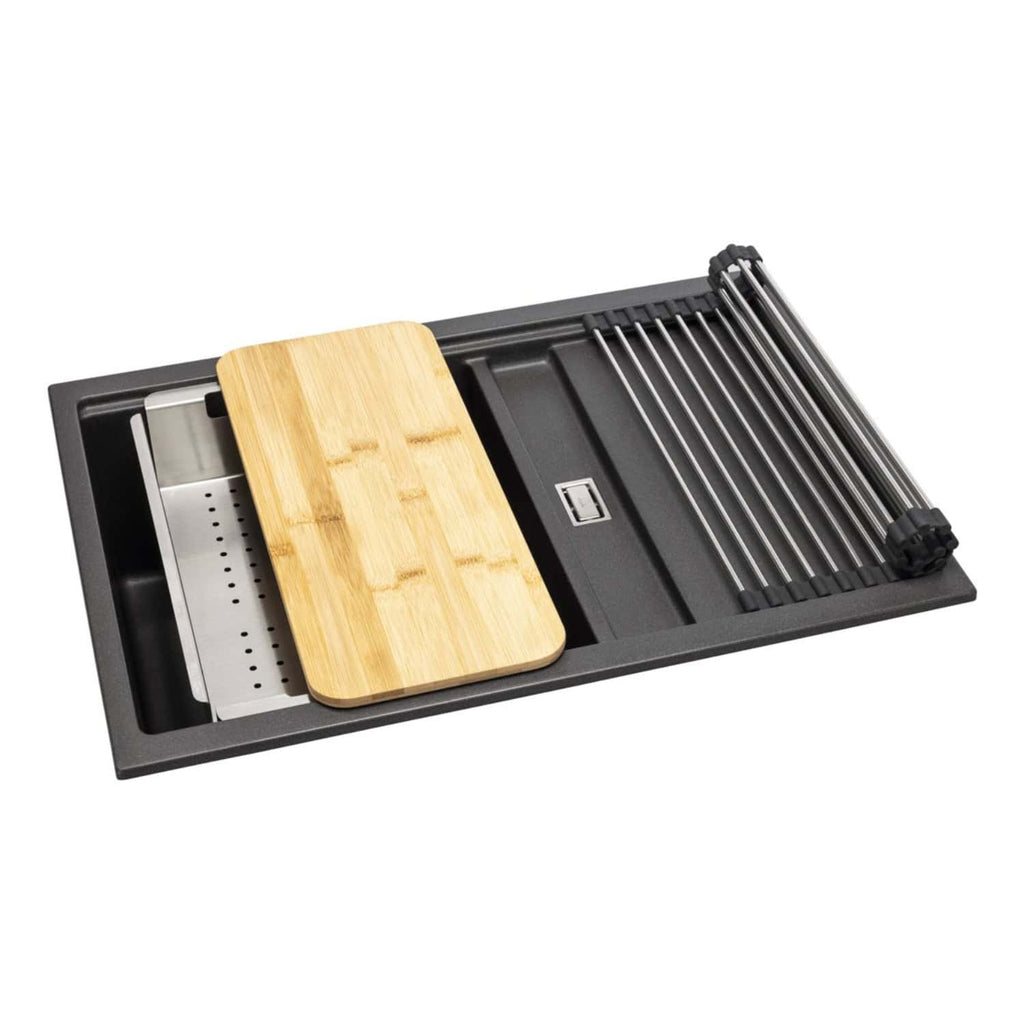 Stylish black kitchen drainer with wooden cutting board and metal rods for drying utensils, ideal for compact kitchens and efficient space management.