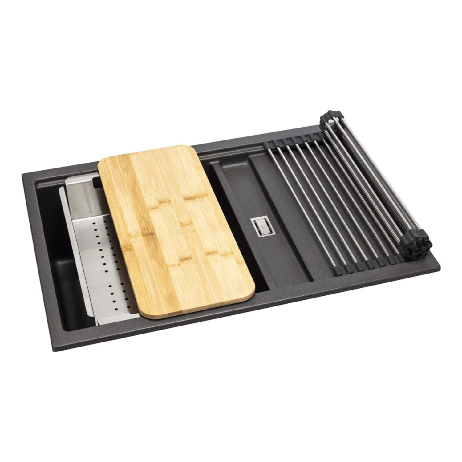 Stylish black kitchen drainer with wooden cutting board and metal rods for drying utensils, ideal for compact kitchens and efficient space management.