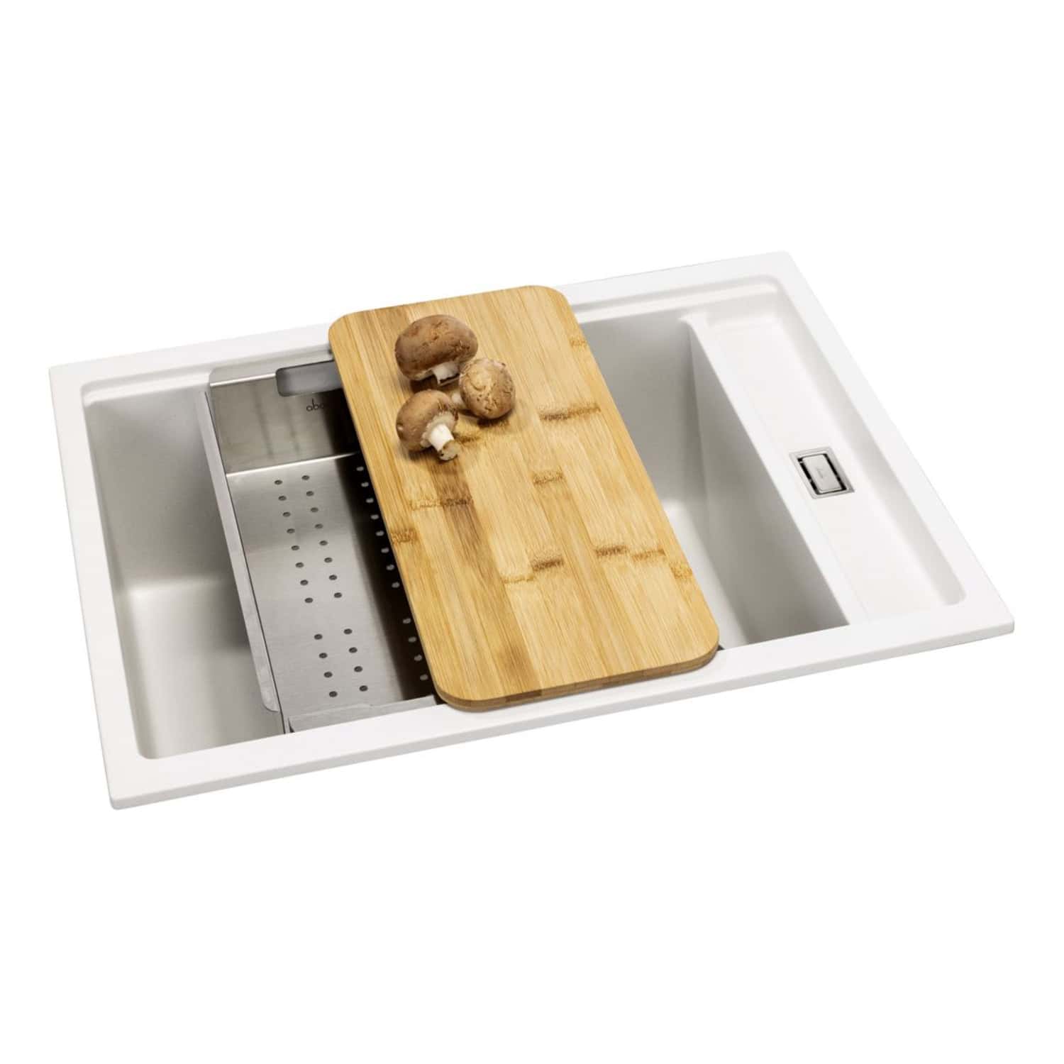 Sleek kitchen sink with integrated draining area and a bamboo chopping board, featuring fresh mushrooms, ideal for modern kitchen renovations and food preparation.