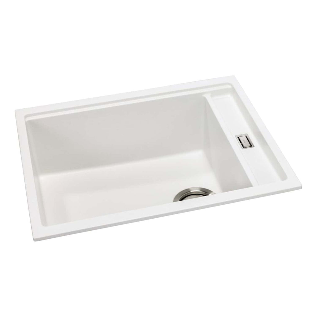 Shallow white kitchen sink with integrated draining area and stainless steel drain, ideal for modern kitchens, featuring a clean and sleek design.