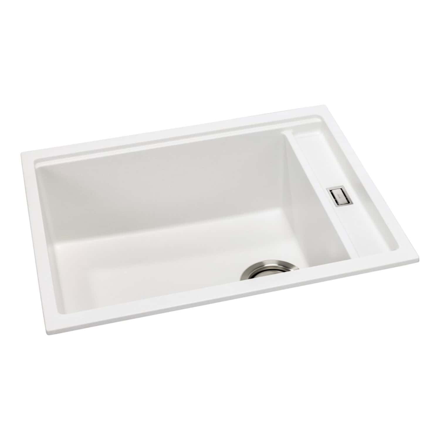 Shallow white kitchen sink with integrated draining area and stainless steel drain, ideal for modern kitchens, featuring a clean and sleek design.