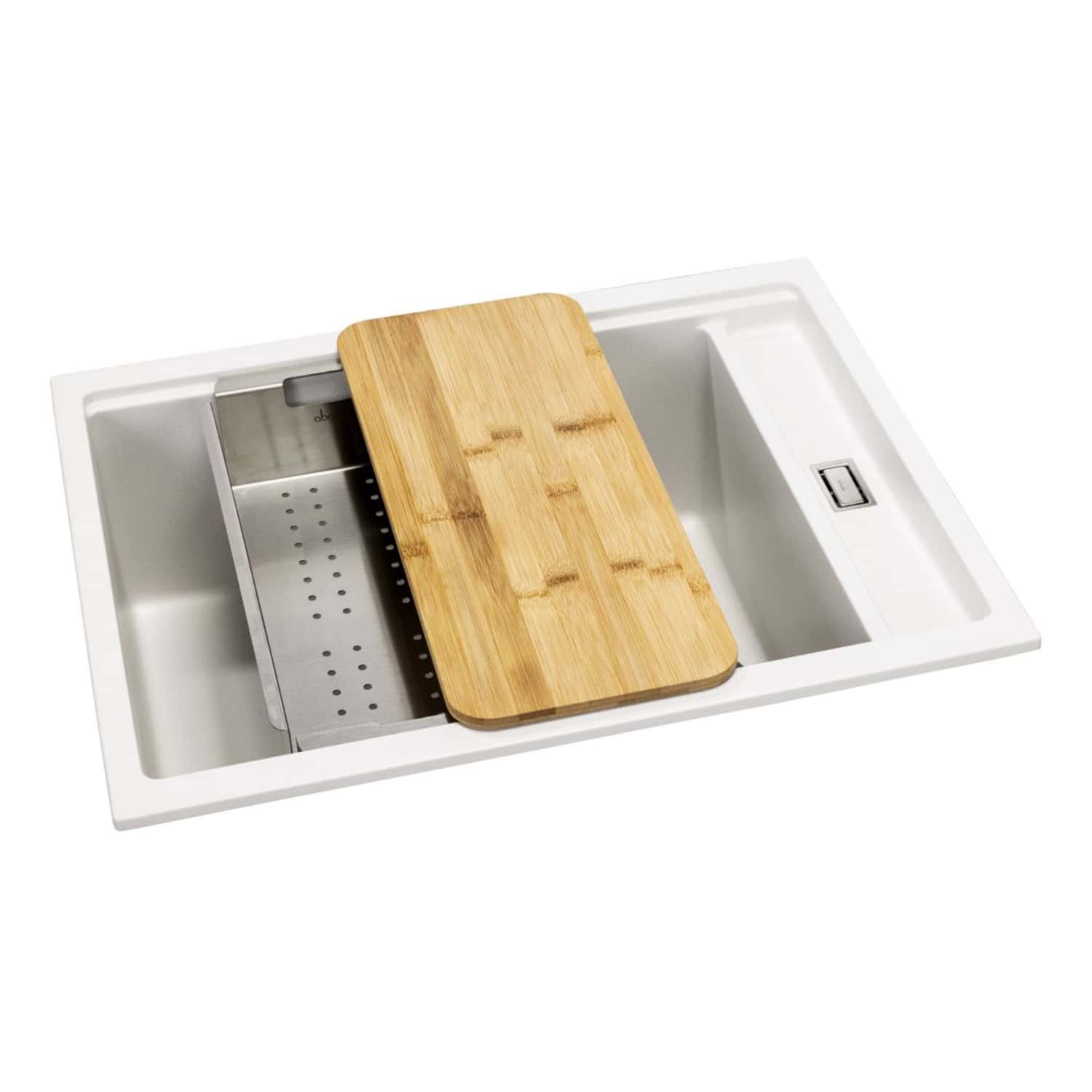 SILVER & WHITE KITCHEN SINK WITH BAMBOO chopping board, drain rack and built-in features, ideal for modern kitchens. Durable materials enhance functionality, making meal prep and cleanup easier in style.