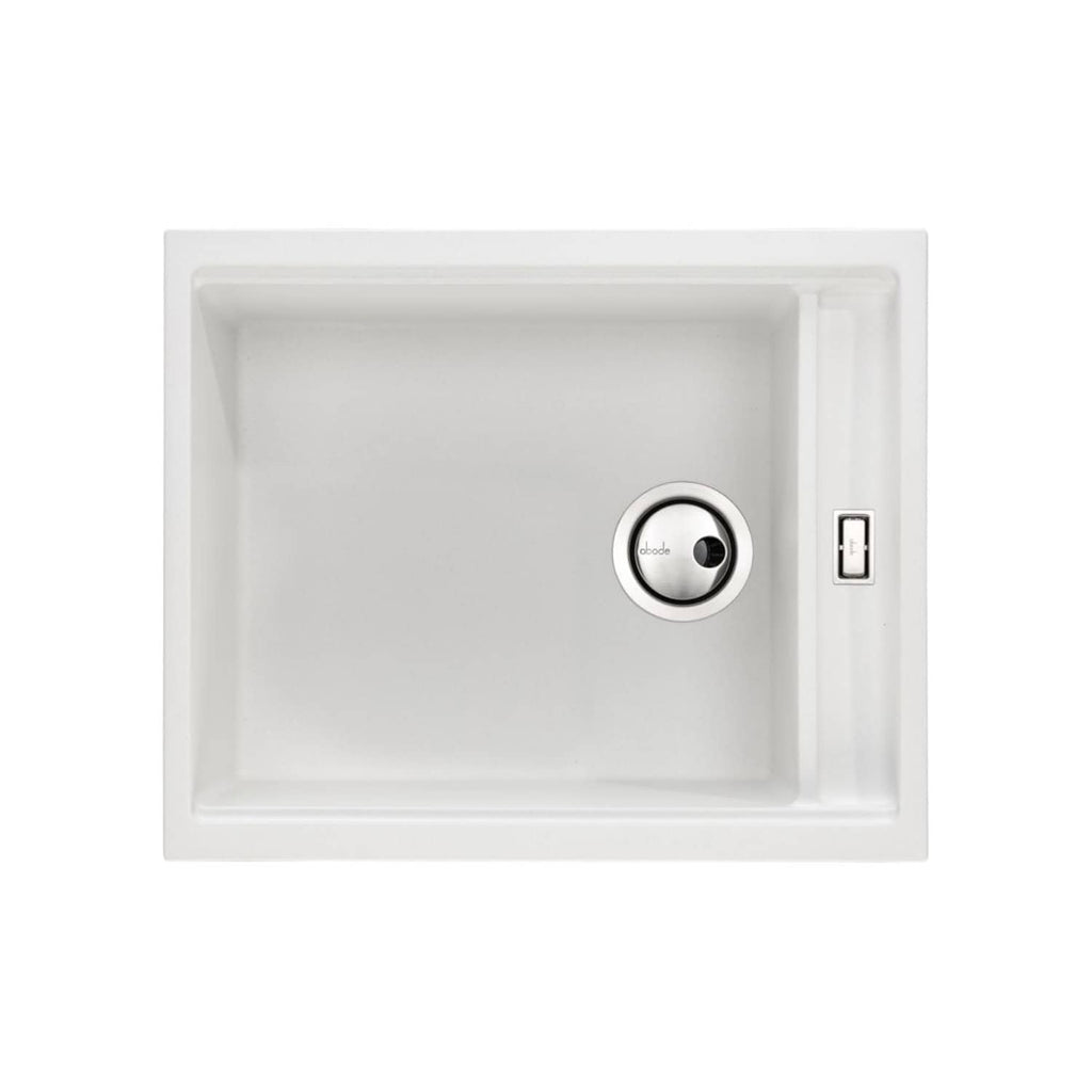 Sleek white kitchen sink with modern design, stainless steel drain, and integrated USB charging port for convenience. Perfect for contemporary kitchens seeking functionality and style.