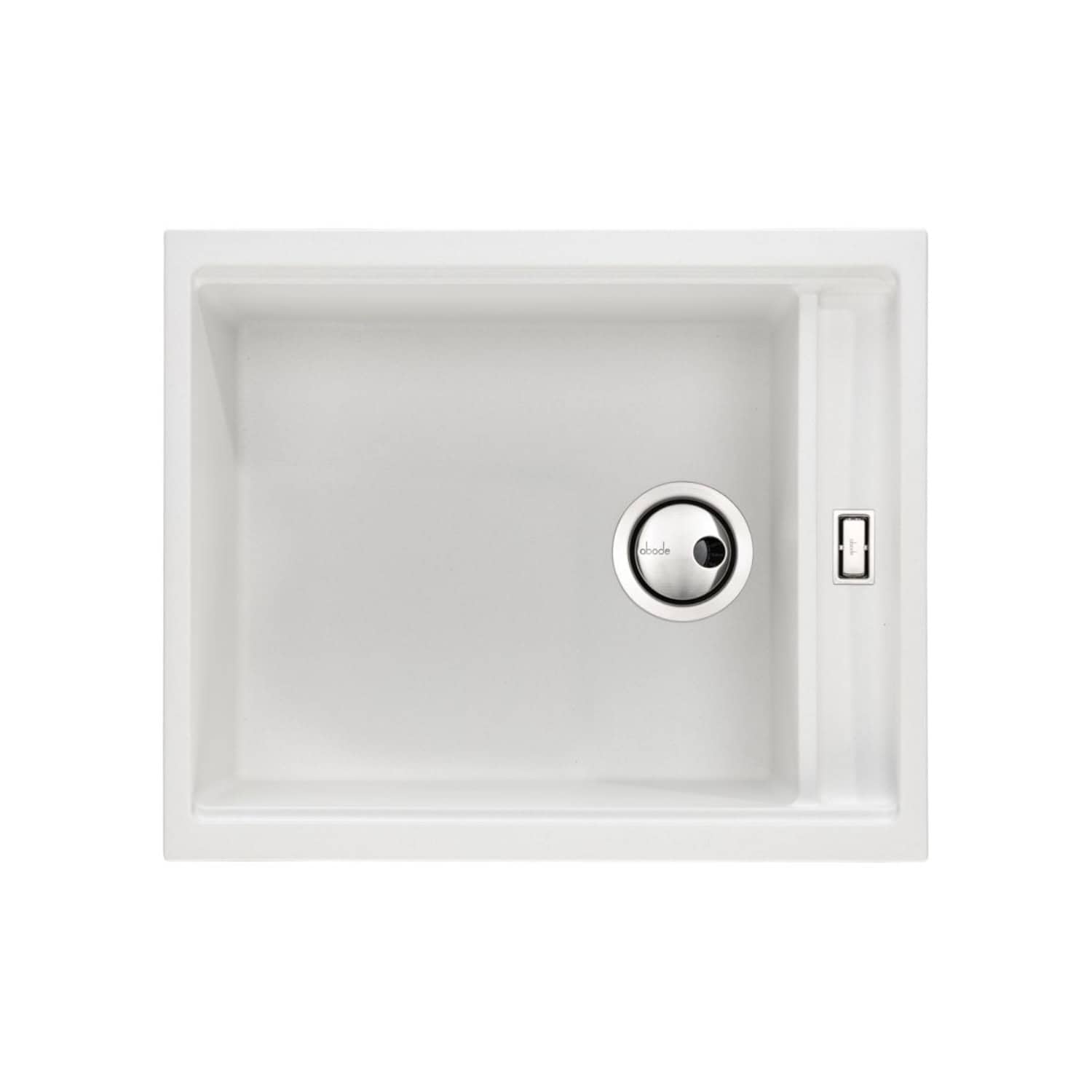 Sleek white kitchen sink with modern design, stainless steel drain, and integrated USB charging port for convenience. Perfect for contemporary kitchens seeking functionality and style.