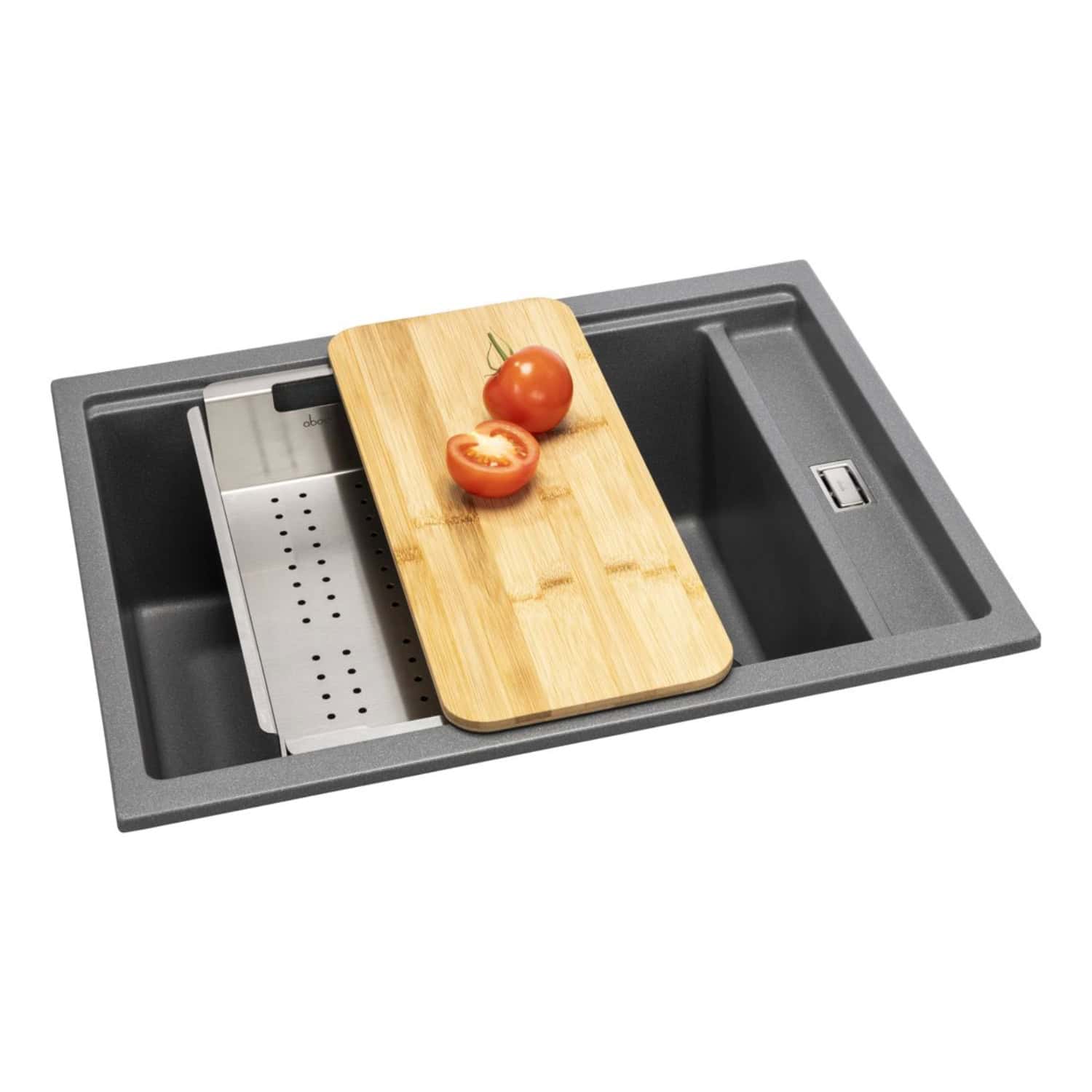 Sleek kitchen sink with integrated chopping board and colander for efficient food preparation and cleaning. Durable, modern design ideal for contemporary bathrooms and kitchens.