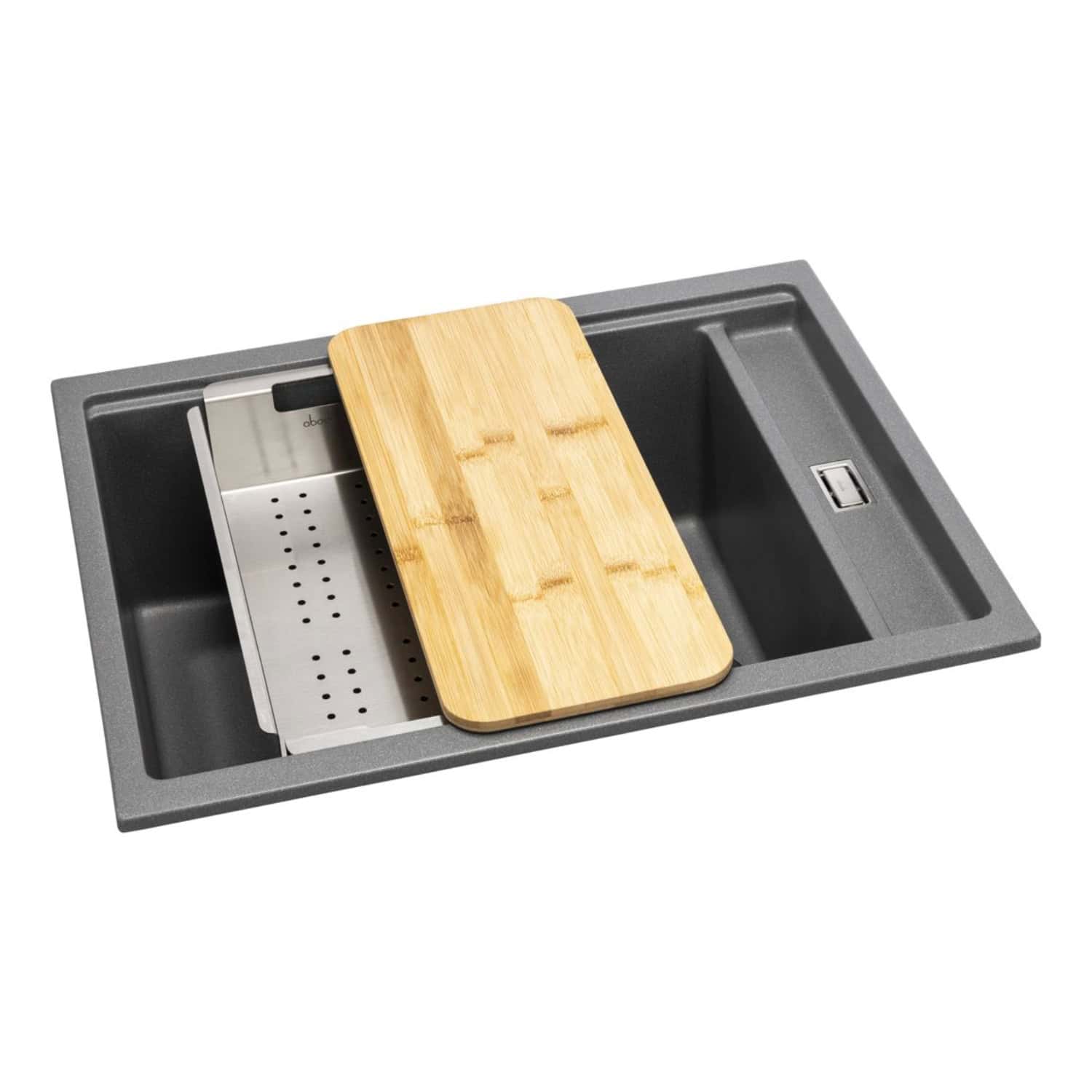 Sleek grey kitchen sink with a removable bamboo chopping board and integrated draining tray, ideal for modern kitchens. Durable stainless steel design enhances functionality and style.