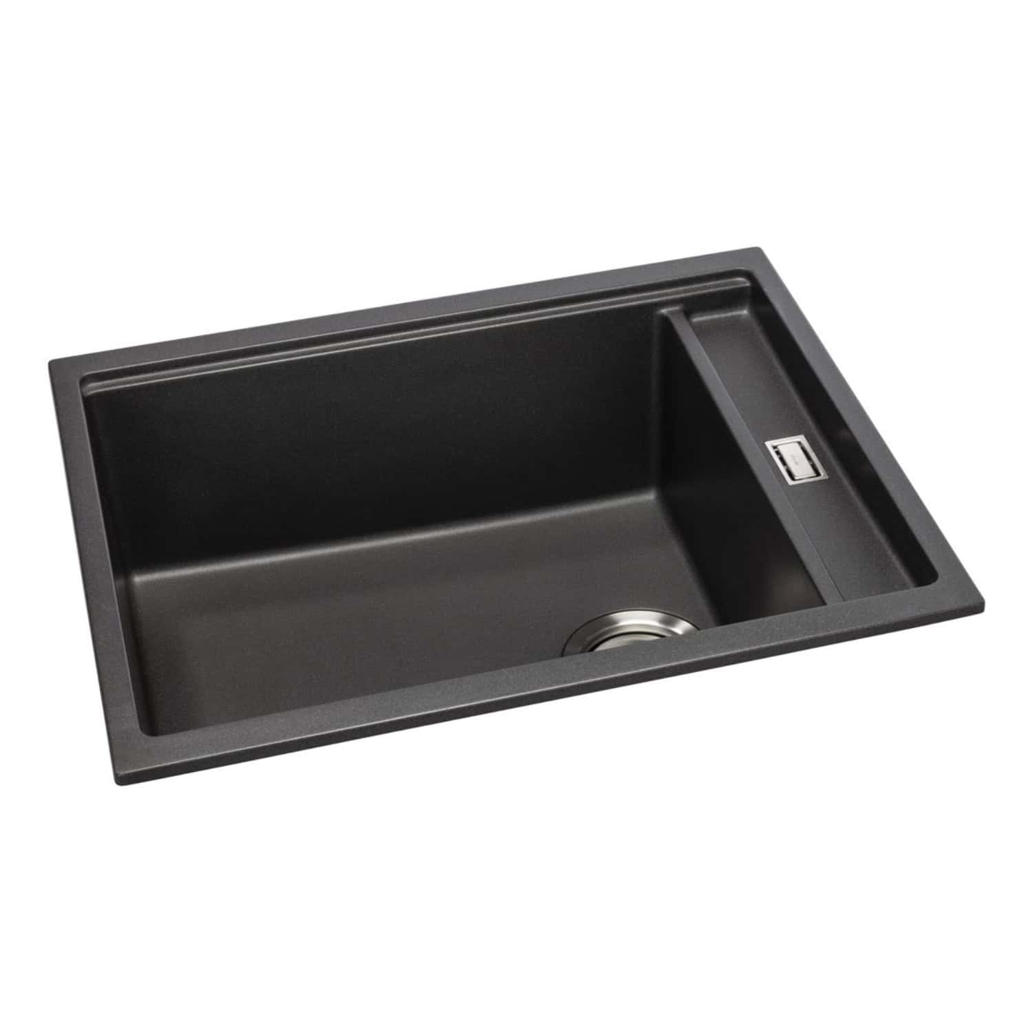 Sleek black kitchen sink with integrated drainboard and modern design, ideal for contemporary bathroom or kitchen renovations. Durable, easy to clean, with built-in accessories for functionality.