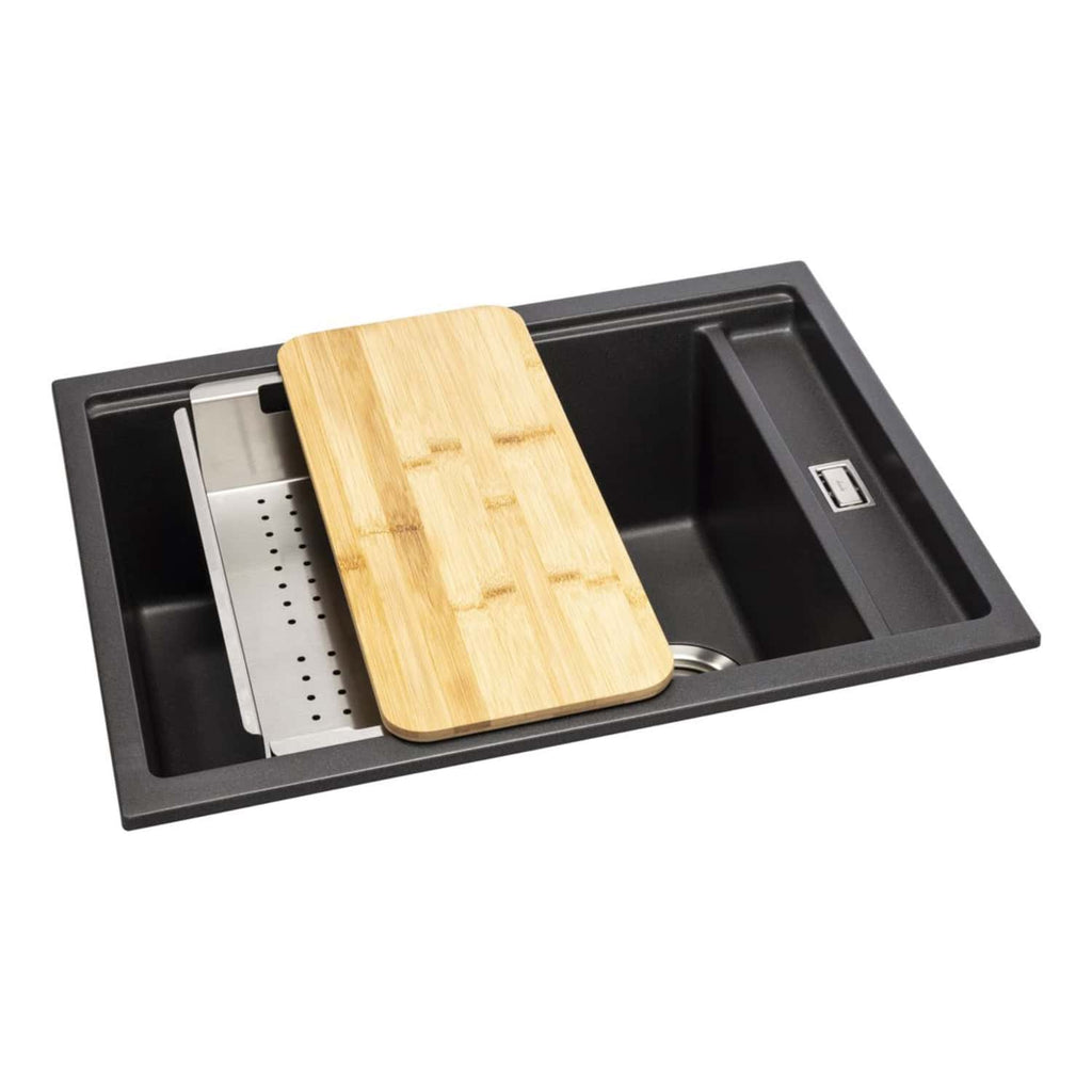 Sleek black kitchen sink with integrated USB port, bamboo chopping board, and stainless steel drainer, ideal for modern kitchen renovations and high-tech functionality.
