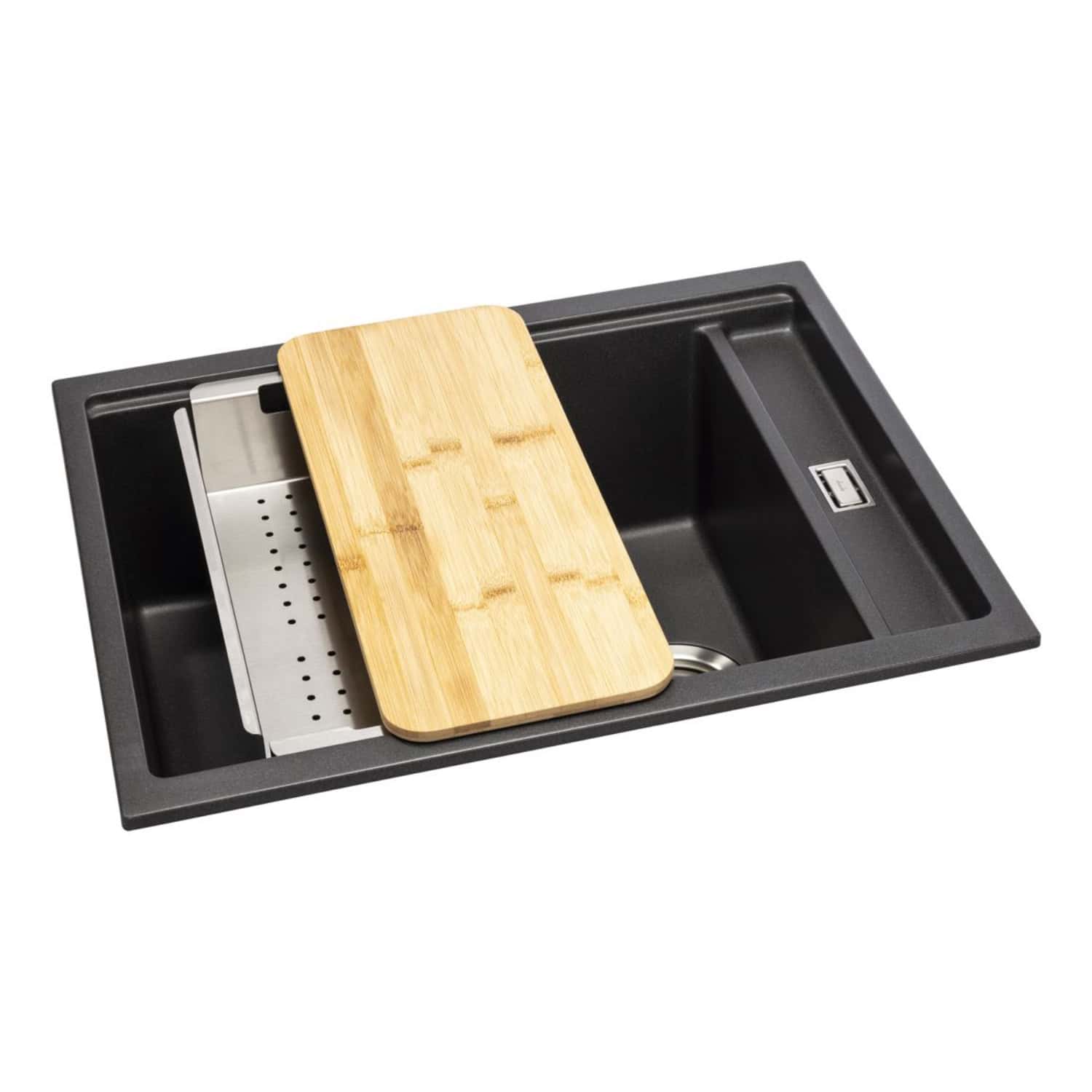 Sleek black kitchen sink with integrated USB port, bamboo chopping board, and stainless steel drainer, ideal for modern kitchen renovations and high-tech functionality.