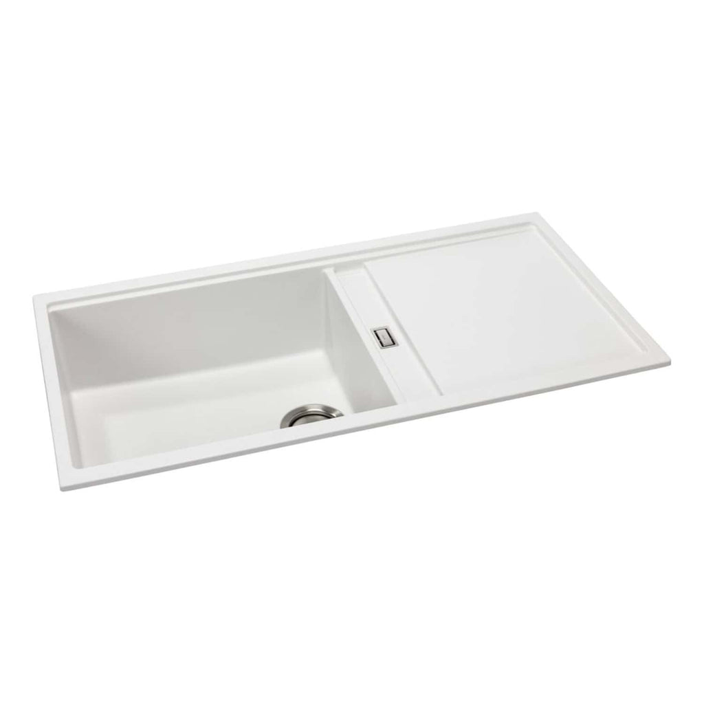 Smooth white kitchen sink with integrated draining board, modern design, durable material, ideal for contemporary bathroom or kitchen renovations. Perfect for enhancing your space with style and functionality.
