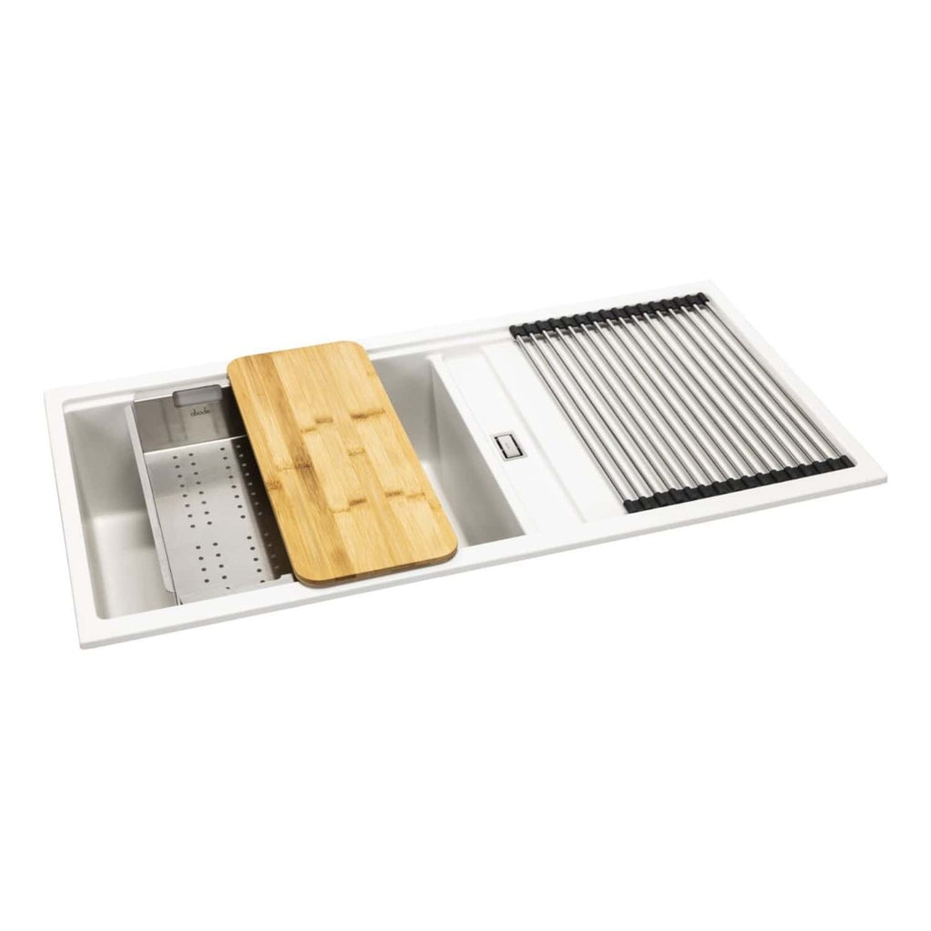 Sleek white kitchen sink with integrated accessories including a stainless steel draining board, a bamboo chopping board, and a stainless steel dish rack, ideal for modern kitchen setups.