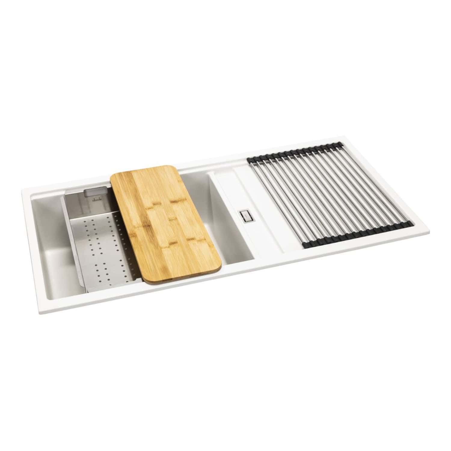 Sleek white kitchen sink with integrated accessories including a stainless steel draining board, a bamboo chopping board, and a stainless steel dish rack, ideal for modern kitchen setups.