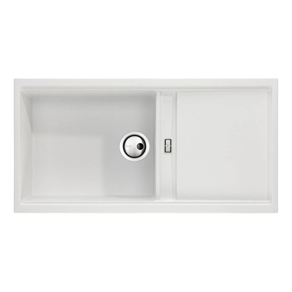 Bright white rectangular kitchen sink with integrated draining board, BPA-free material, and modern design, ideal for residential kitchens with durable, easy-to-clean surface.