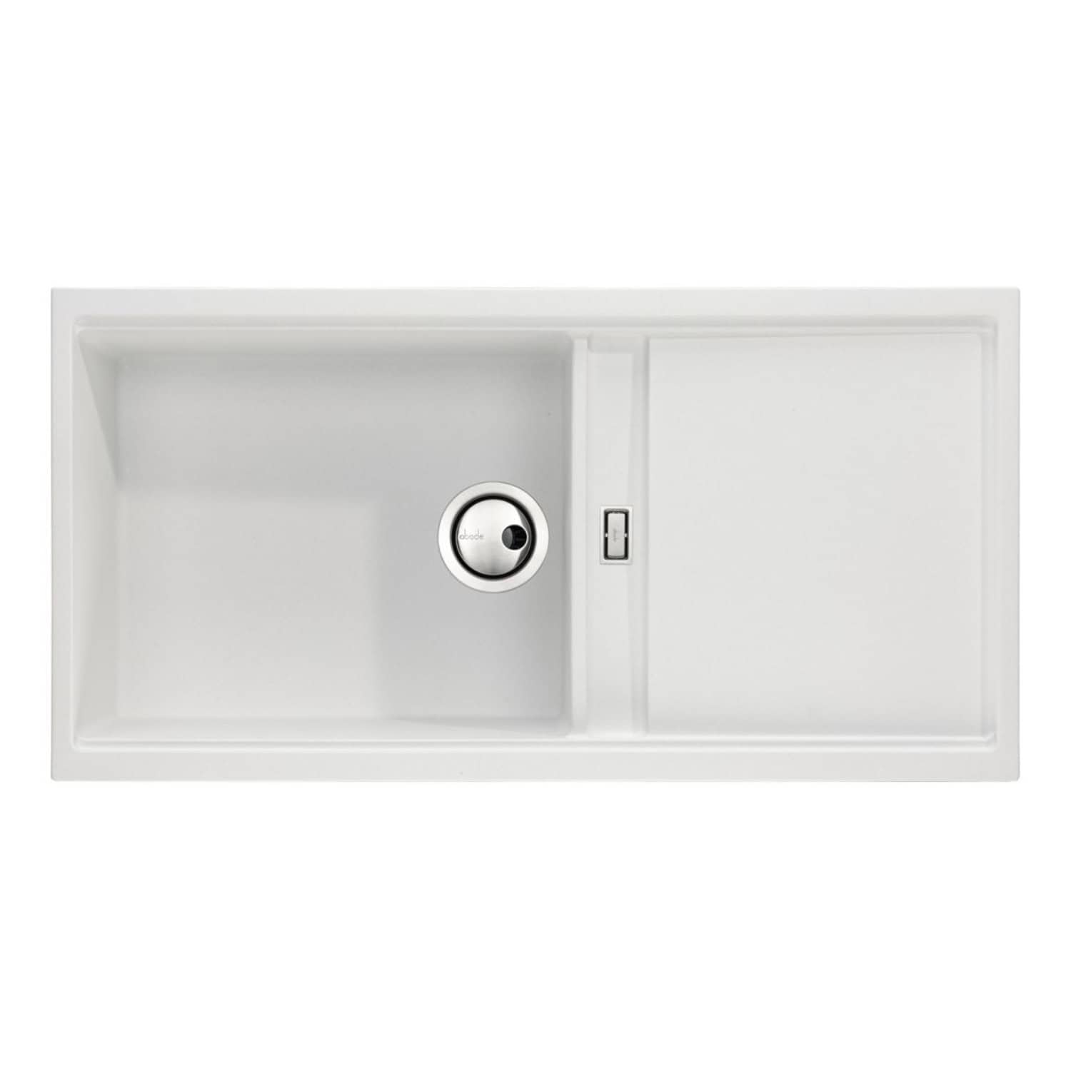 Bright white rectangular kitchen sink with integrated draining board, BPA-free material, and modern design, ideal for residential kitchens with durable, easy-to-clean surface.