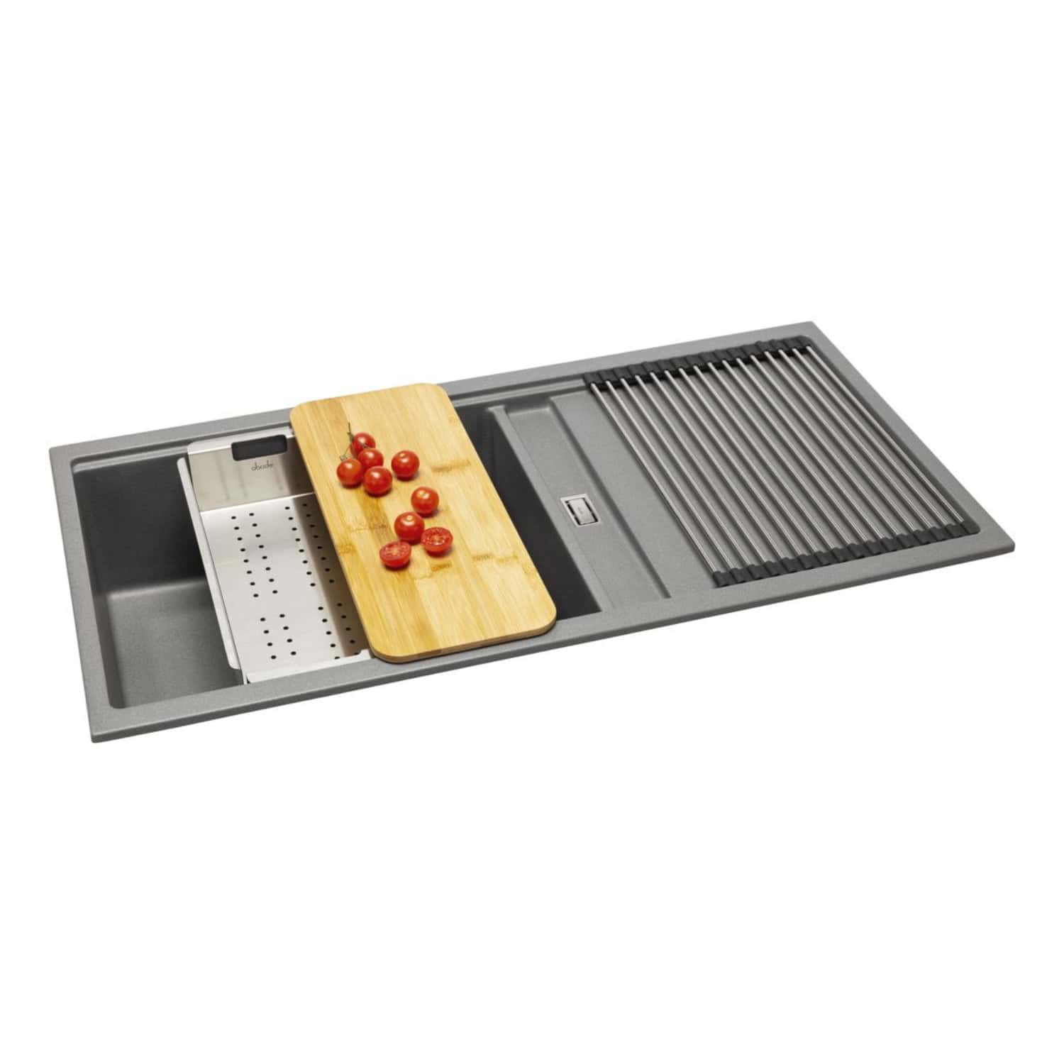 Sleek stainless steel kitchen sink with integrated drainer and wooden chopping board, perfect for modern kitchens and seamless food prep.