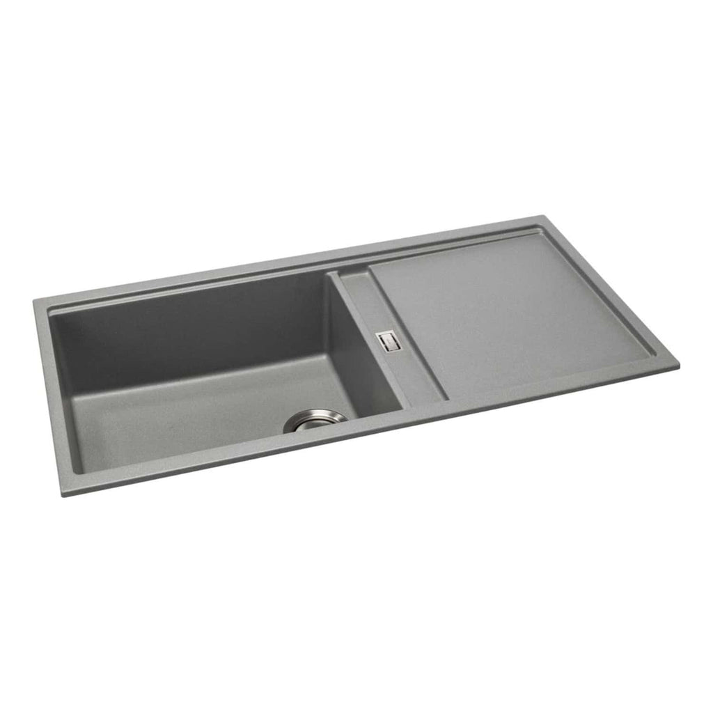 Stainless steel kitchen sink with built-in draining board and modern design, ideal for contemporary bathrooms or kitchens. Featuring durable construction and easy-to-clean surface for daily use.