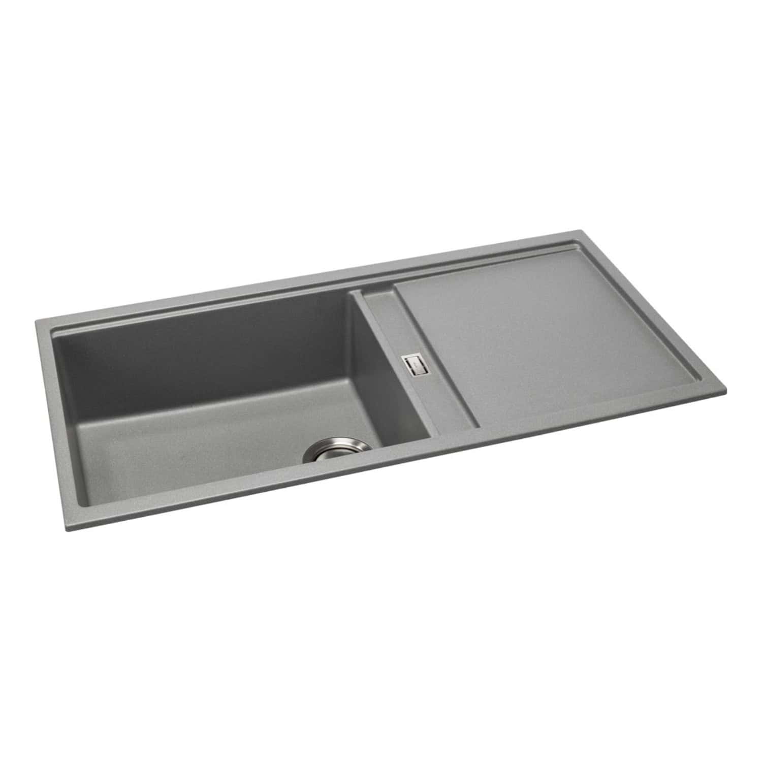 Stainless steel kitchen sink with built-in draining board and modern design, ideal for contemporary bathrooms or kitchens. Featuring durable construction and easy-to-clean surface for daily use.