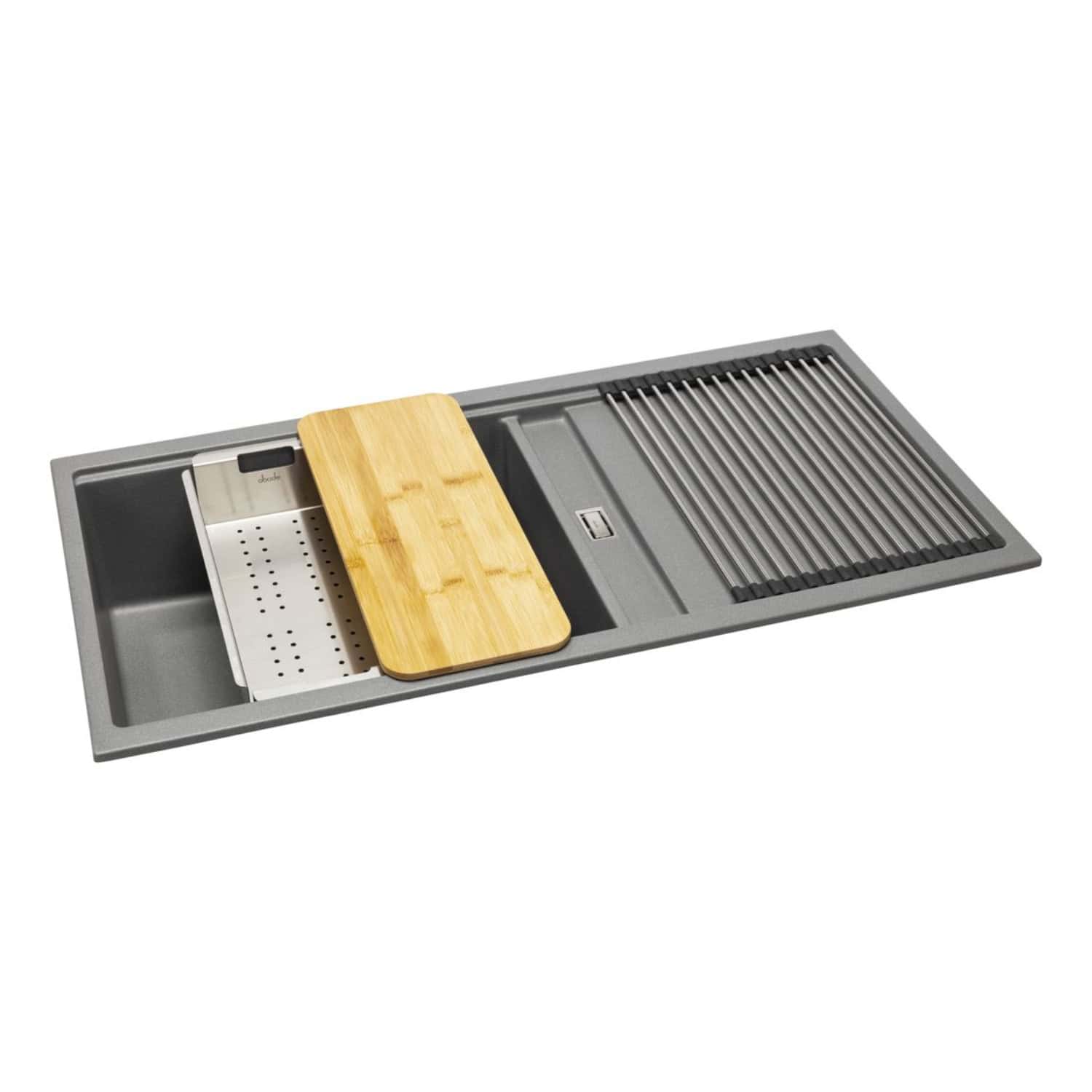 Multi-functional kitchen sink featuring a bamboo chopping board, metal draining rack, and stainless steel utensil tray for modern, space-saving kitchen organisation.