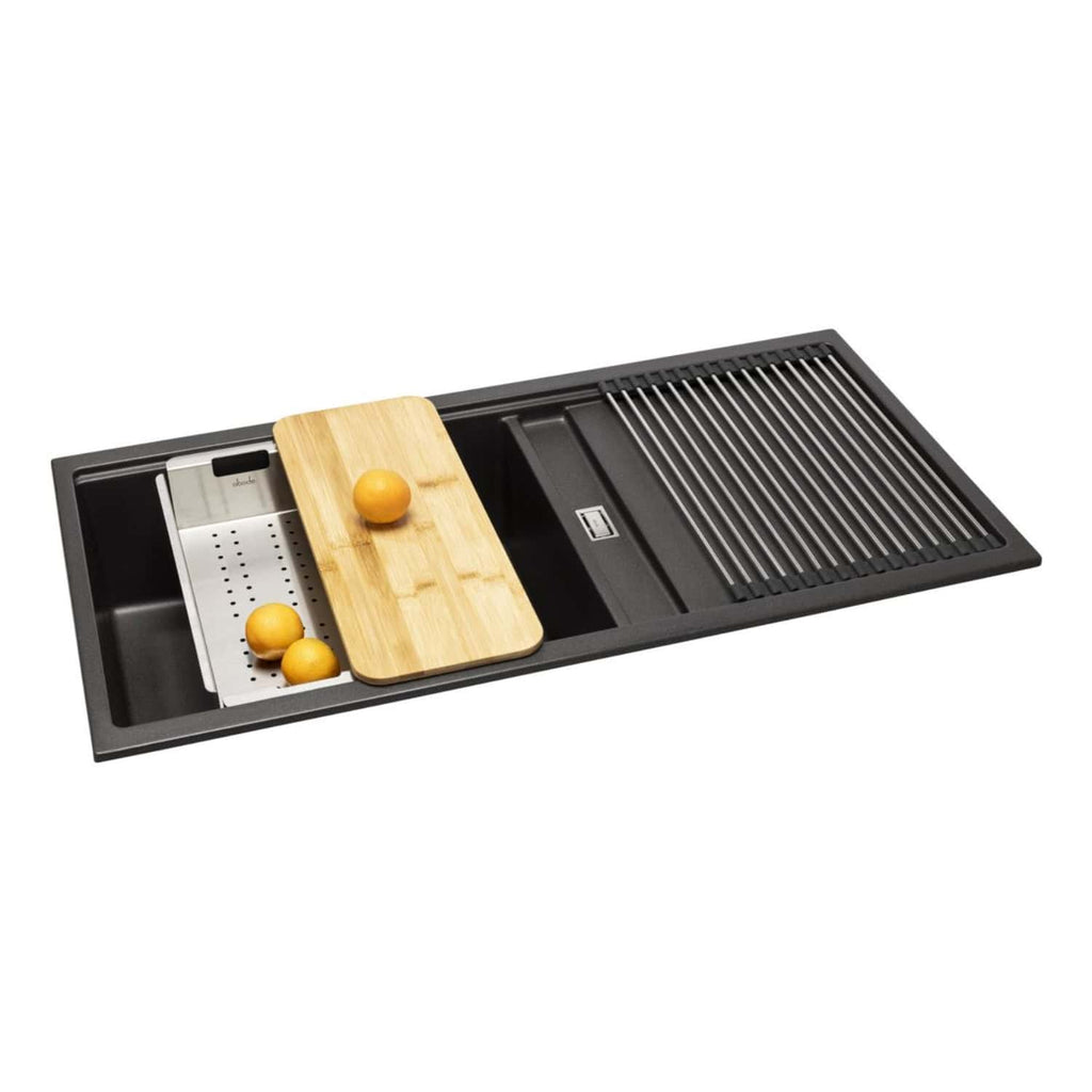 Modern black kitchen sink with integrated draining board and wooden chopping board, ideal for contemporary bathroom or kitchen renovation. Featuring stainless steel accessories and versatile design.